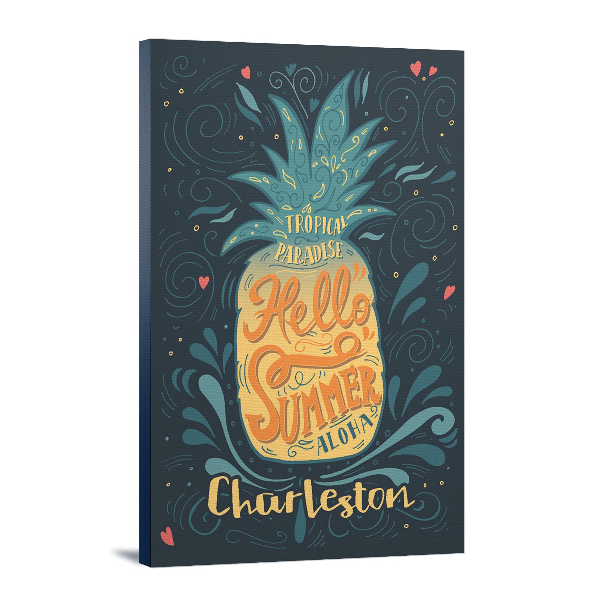 Charleston SC Summer Pineapple Art Print - 24x36 Gallery Wrapped Canvas Wall Decor for Beach House, Tropical Theme & Living Room