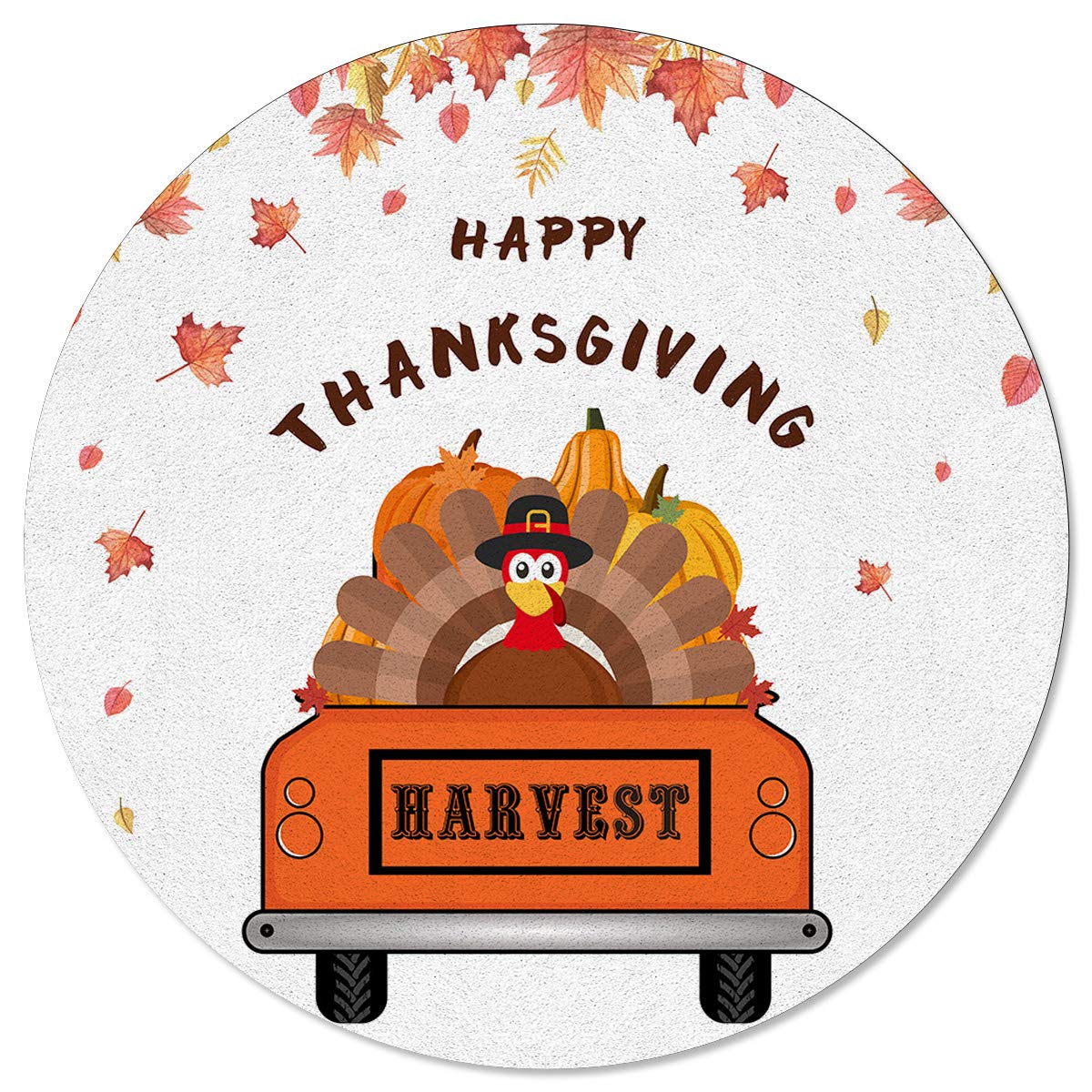 Savannan Non-Slip Round Area Rug - 5ft Diameter Happy Thanksgiving Orange Truck Turkey Pumpkin Design for Living Room, Kitchen, Porch & Kids Room - Perfect for Holiday Decor & Cozy Home Accent