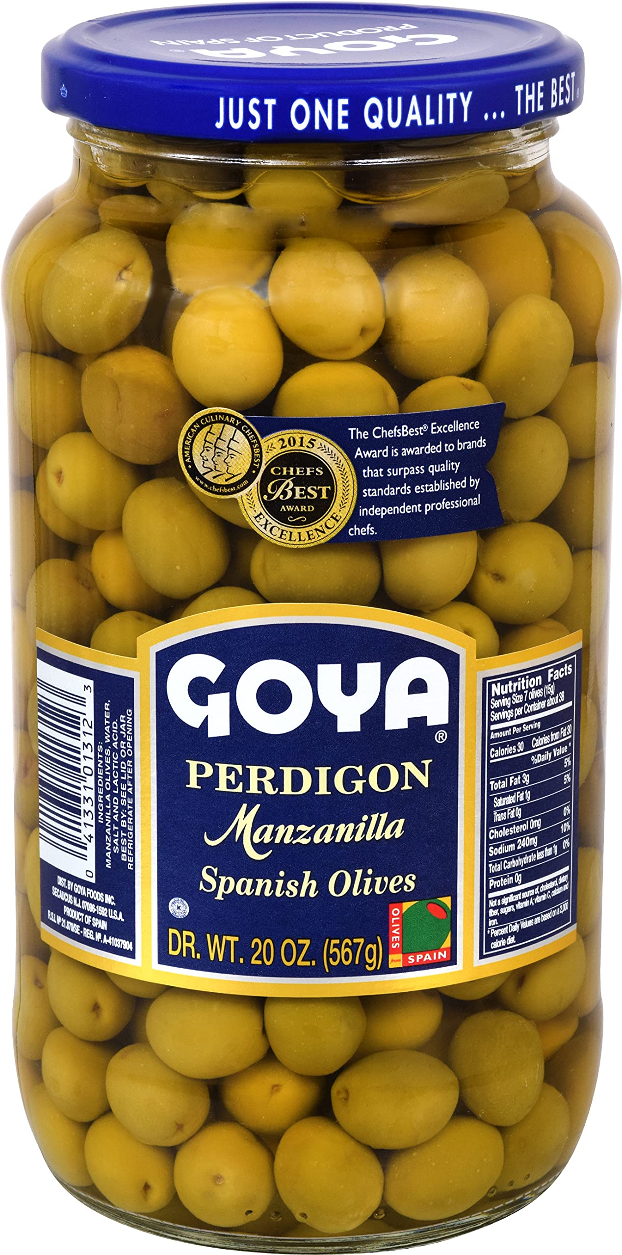 Goya Perdigon Manzanilla Spanish Olives - 20oz Jar | Authentic Spanish Stuffed Olives | Perfect for Tapas, Charcuterie Boards & Mediterranean Recipes