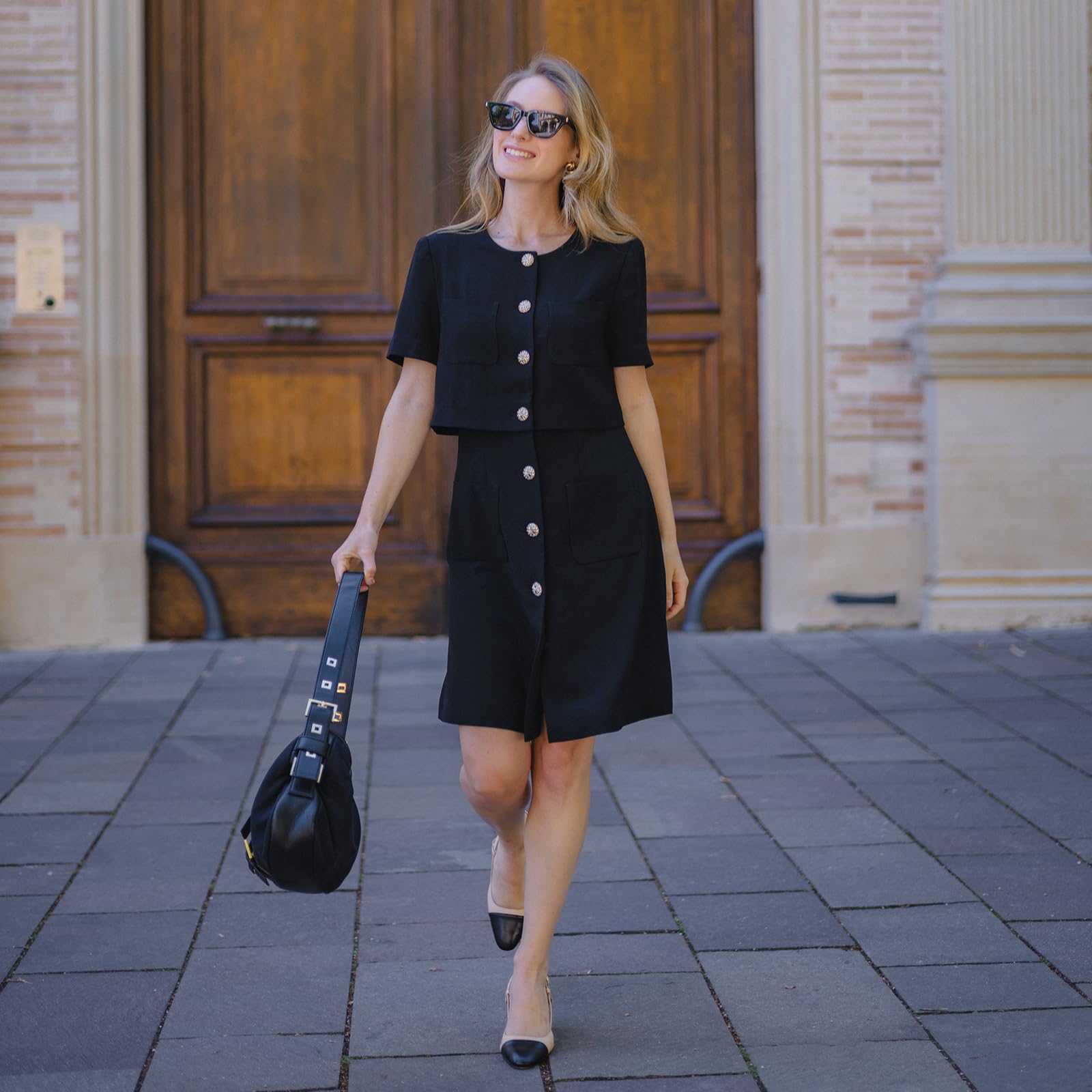 Women's Triacetate Black Mini Dress - Business Casual A-Line V-Neck Button Front Dress for Office Work & Teaching | Perfect for Professional Meetings, Office Parties & Smart Casual Events