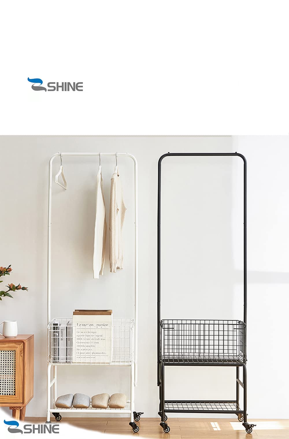 Foldable Laundry Rack with Wheels & Storage Basket - Portable Garment Hanger Organizer - White Metal Clothes Drying Stand for Small Spaces - Perfect for Apartments, Dorms, and Laundry Rooms