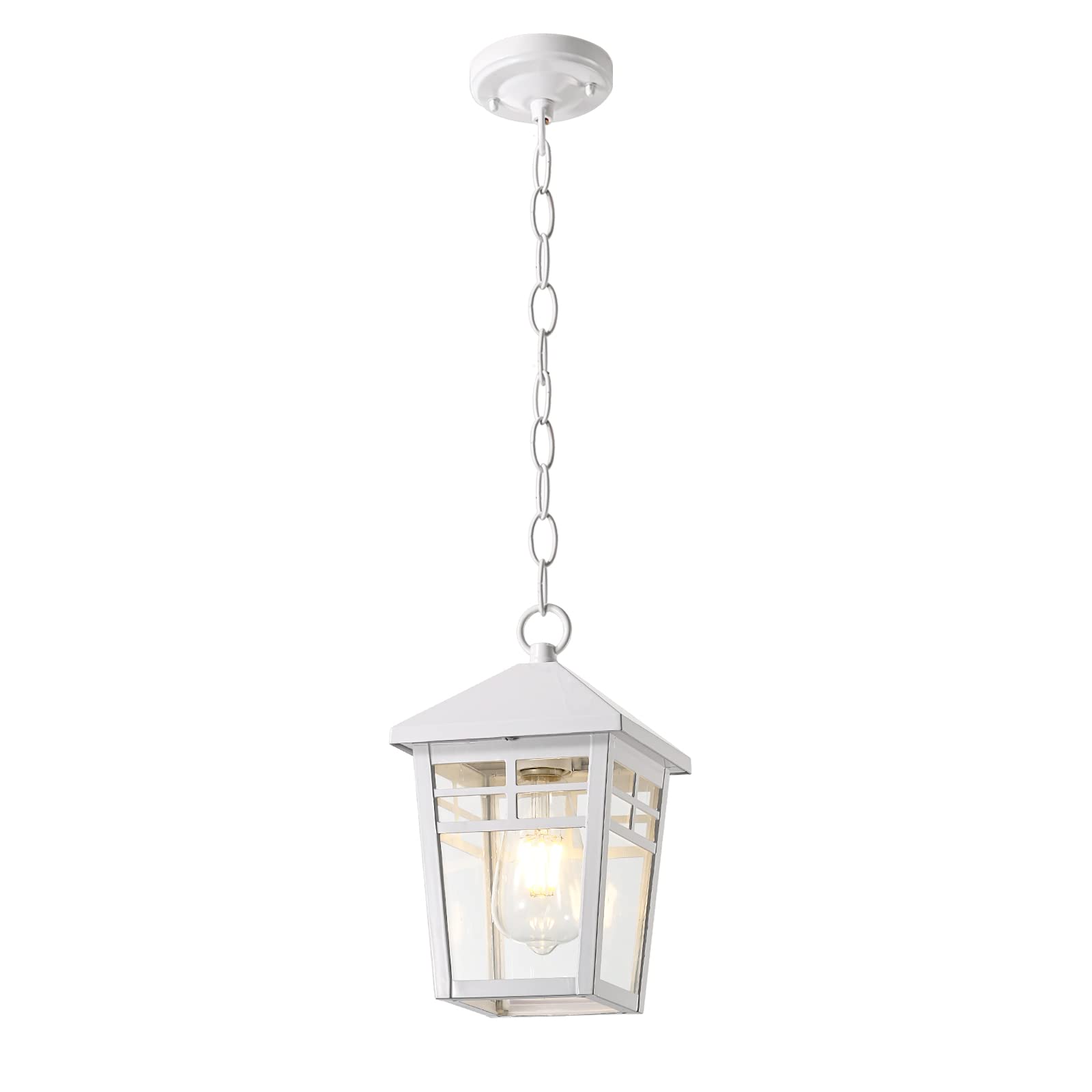 Waterproof White Outdoor Pendant Light Fixture with Seeded Glass & Adjustable Chain - Hanging Porch Lantern for Entryway, Doorway, Patio & Garden Decor