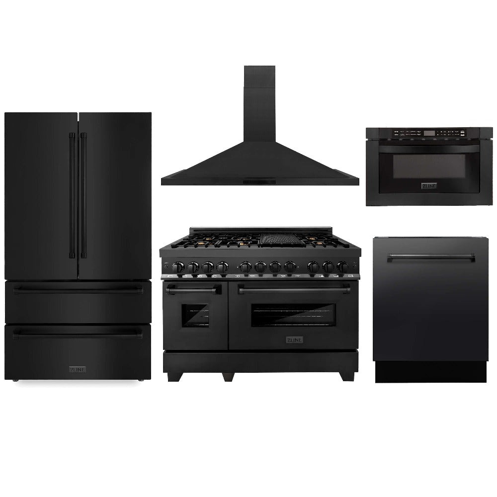 ZLINE 48-Inch Black Stainless Steel Kitchen Package - 5KPR Dual Fuel Range, RABRH48 Range Hood, MWDWV Microwave Drawer & 24