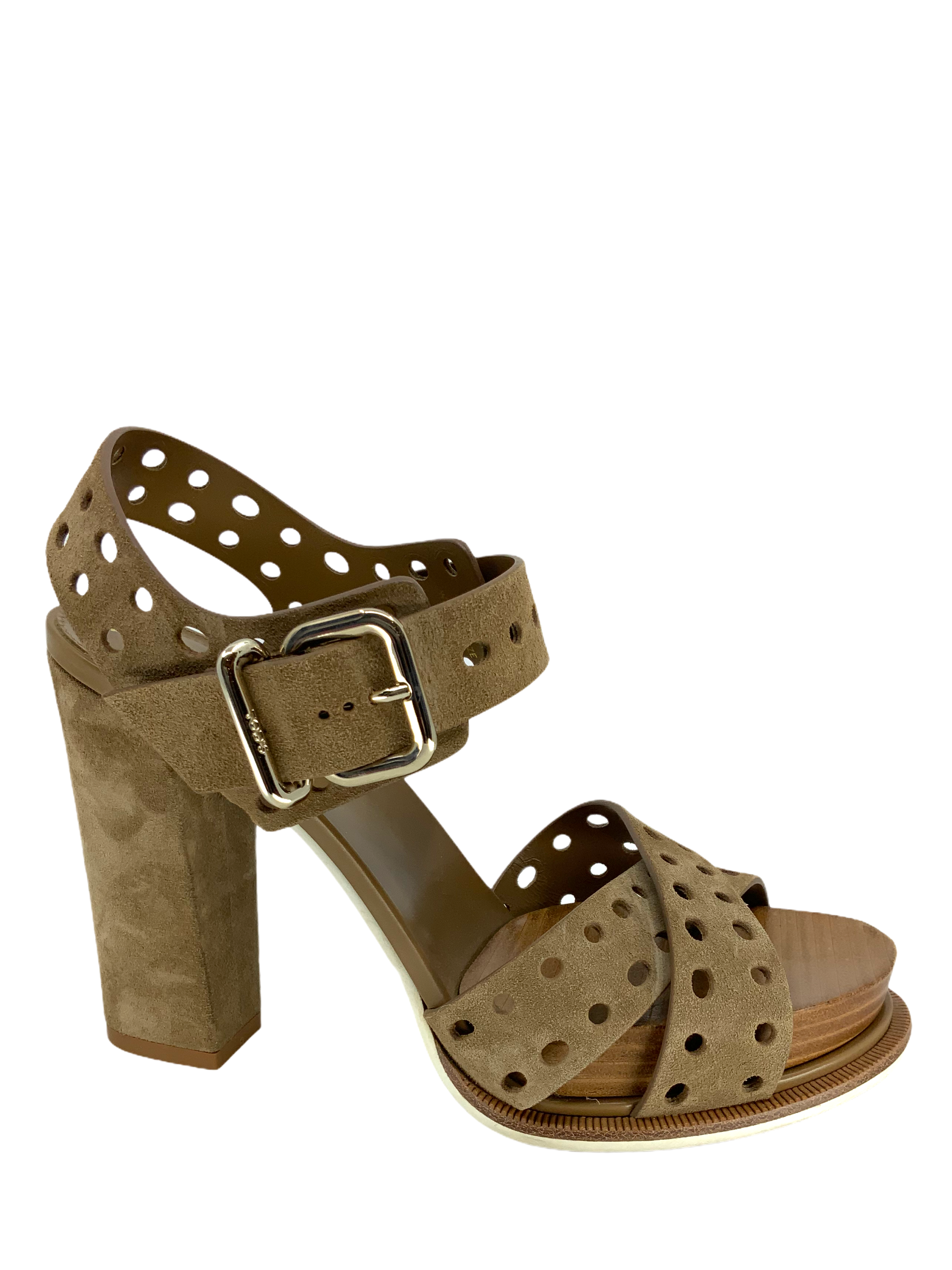 Tod's Women's Perforated Suede Block Heel Sandals Size 7 | Comfortable Summer Dress Shoes for Weddings & Parties
