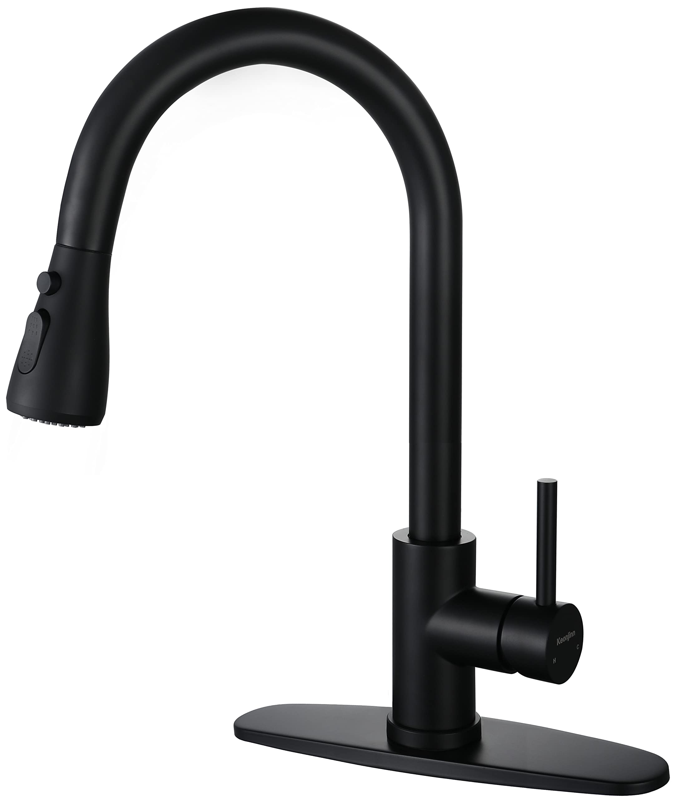 Keonjinn Matte Black Kitchen Faucet with Pull Down Sprayer - High Arc Single Hole Stainless Steel Sink Faucet with Deck Plate | Modern Design for Cooking, Washing Dishes & Kitchen Cleaning