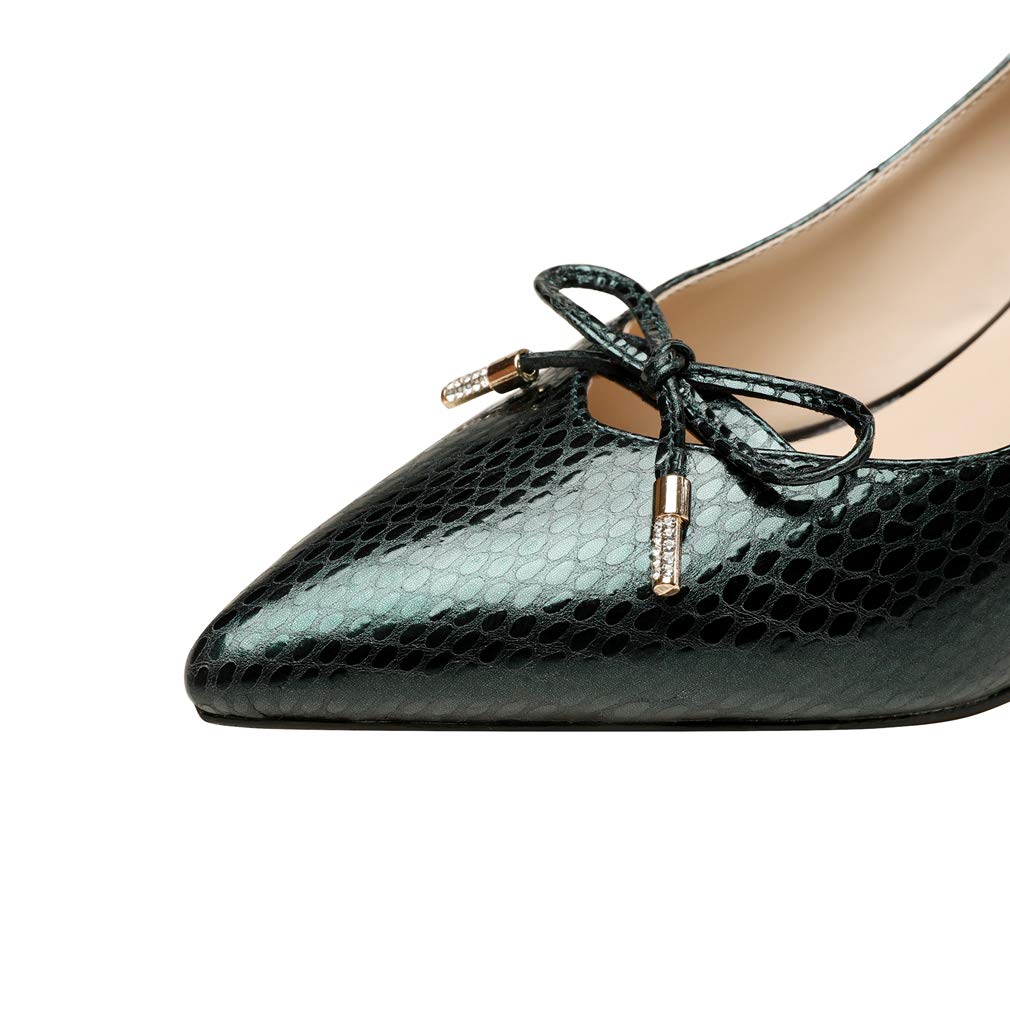 TinaCus Women's Handmade Embossed Genuine Leather Bowtie Pointed Toe Mid Heel Pumps - Elegant Dress Shoes for Work, Party & Special Occasions