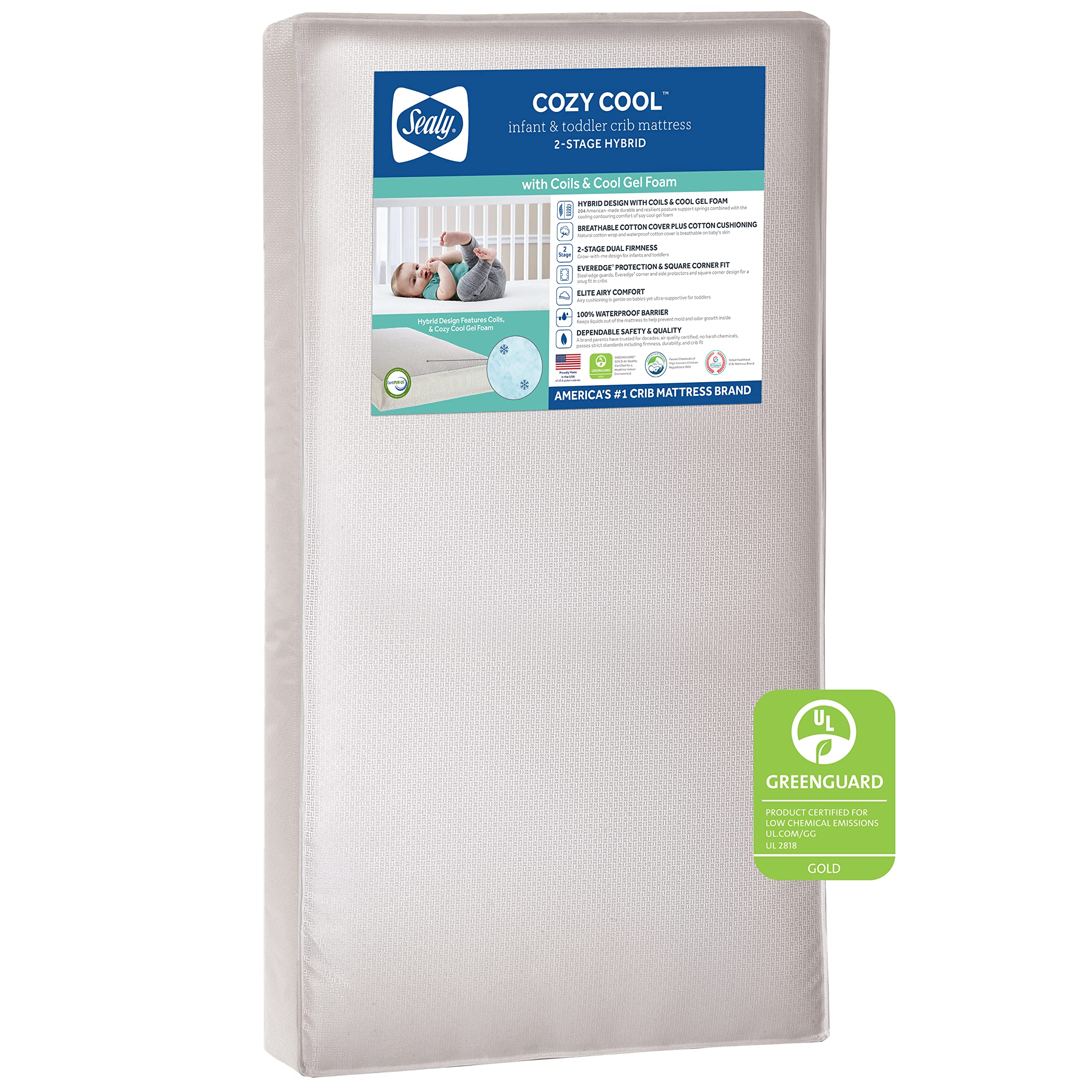 Sealy Baby Cozy Cool Hybrid 2-Stage Waterproof Crib Mattress & Toddler Bed | Cooling Foam, 204 Coils, Cotton Cover | GREENGUARD Gold Certified | Safety & Quality Tested | Made in USA | 52