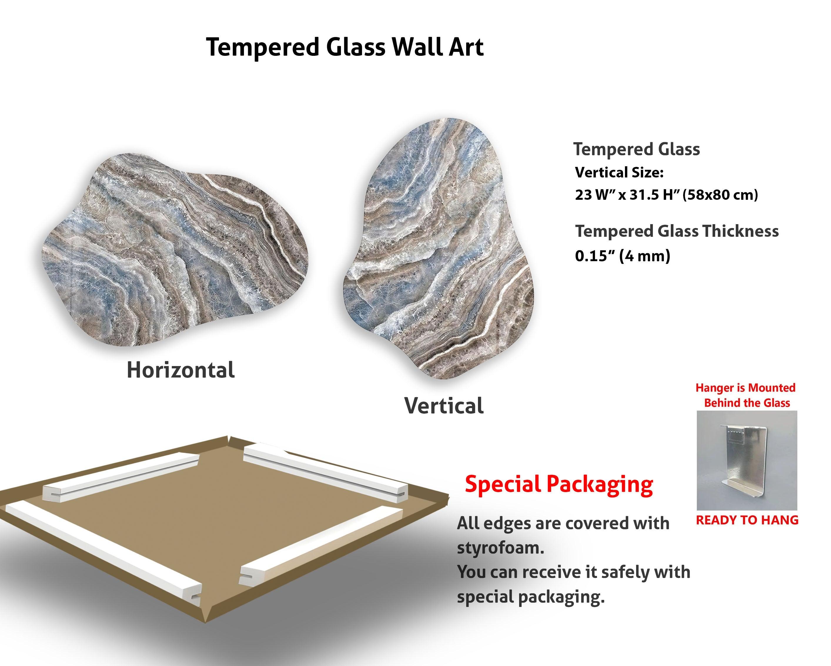 Handmade Beige & Blue Marble Irregular Glass Wall Art Decor - Modern Abstract Home Decor for Living Room, Bedroom, Office & Dining Area