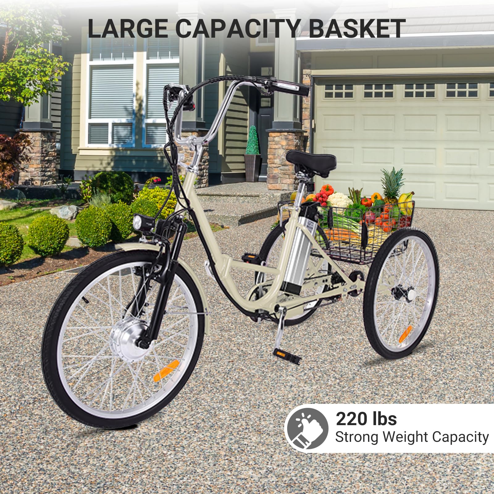 GARVEE 26 Inch Adult Electric Tricycle - Foldable 7-Speed E-Trike with Basket, 36V Removable Battery & 250W Brushless Motor - Commuter & Leisure Ride for Men & Women (Beige) - Perfect for Grocery Shopping, Senior Mobility & Urban Commuting