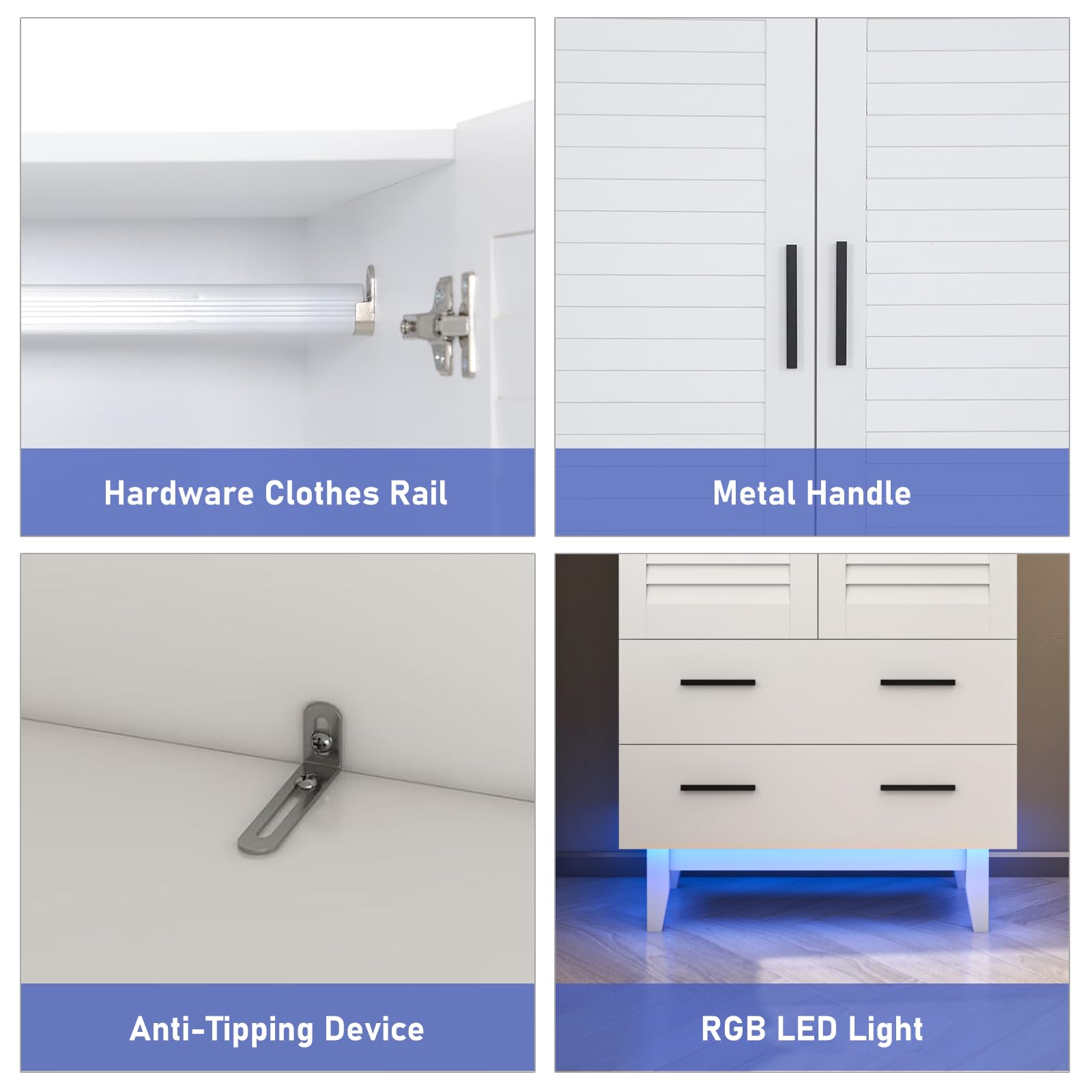 2 Door Armoire Wardrobe Closet Cabinet with Drawers, LED Lights & Hanging Rod - Multi-Tier Shelves, Large Capacity Storage for Bedroom (White) | Perfect for Organizing Clothes, Shoes & Accessories in Master Bedroom, Guest Room or Dormitory