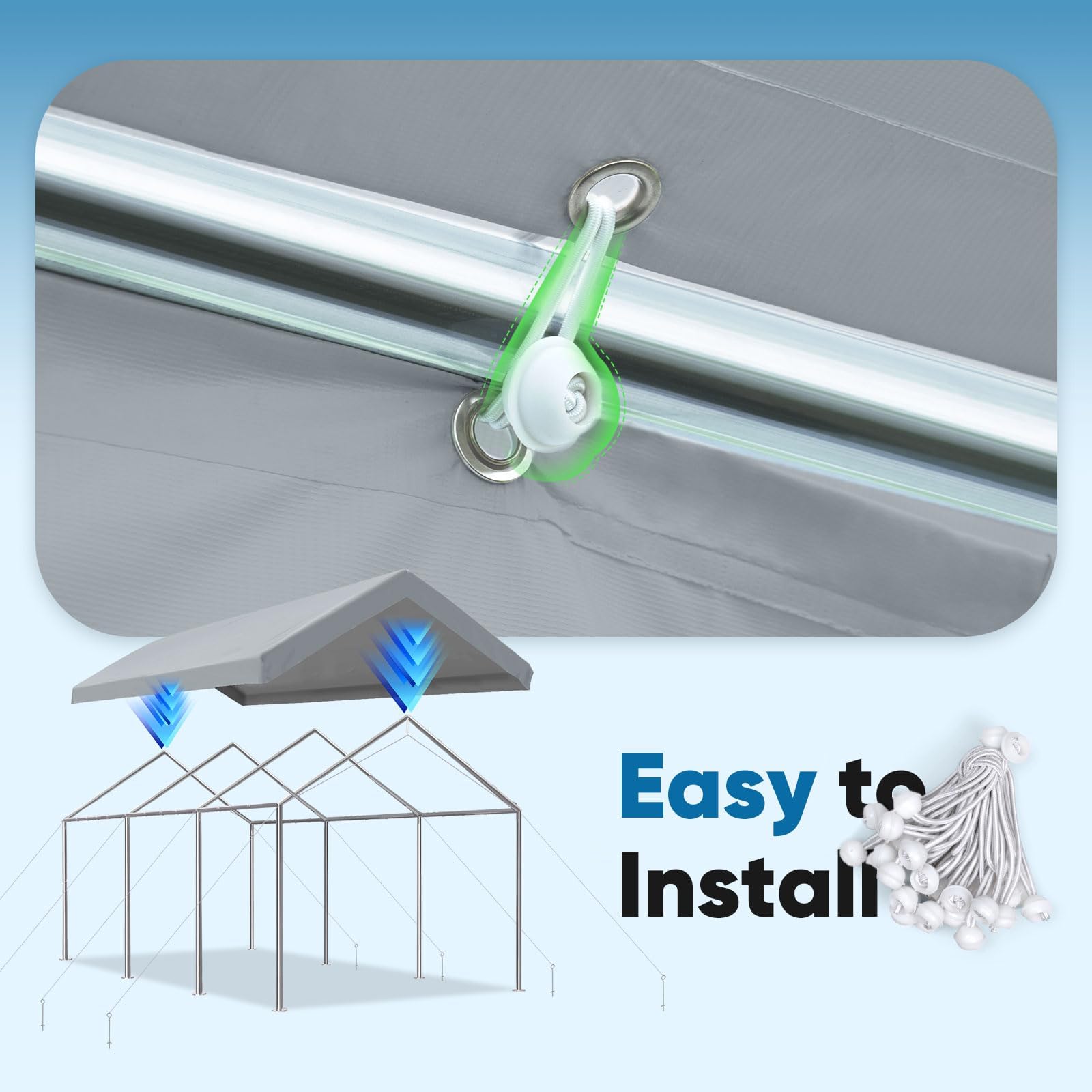 ADVANCE OUTDOOR 10x20 ft Replacement Top Cover Tarp for Carport Canopy with Ball Bungees - Gray Waterproof Roof Cover - Perfect for Outdoor Storage, Vehicle Shelter & Backyard Protection
