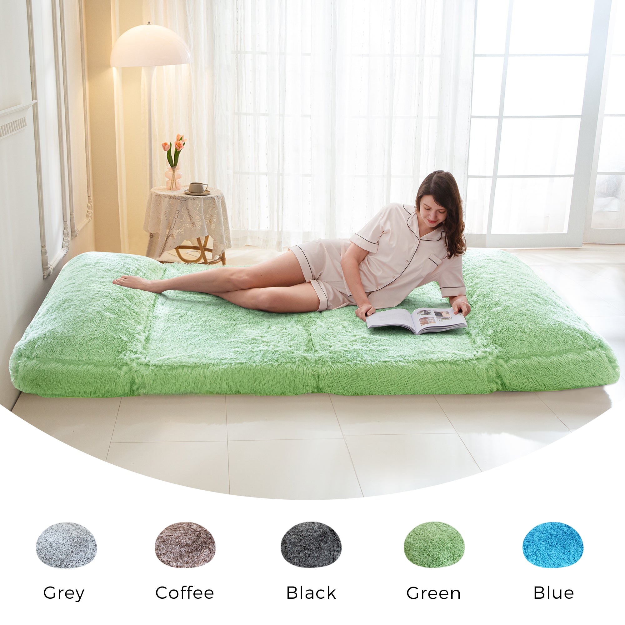 MAXYOYO Faux Fur Bean Bag Chair - Foldable Floor Sofa Bed with Foam Filling, Green Wall Couch Sleeper for Living Room, Bedroom & Dorm | Comfortable Lounge Chair for Reading, Gaming & Relaxing