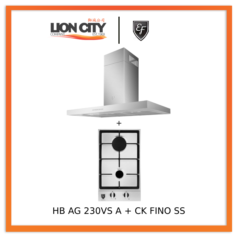 EF 90cm Stainless Steel Chimney Hood CK Fino SS + EF HB AG 230VS A 30cm Built-in Gas Hob - Perfect for Modern Kitchen Ventilation and Cooking
