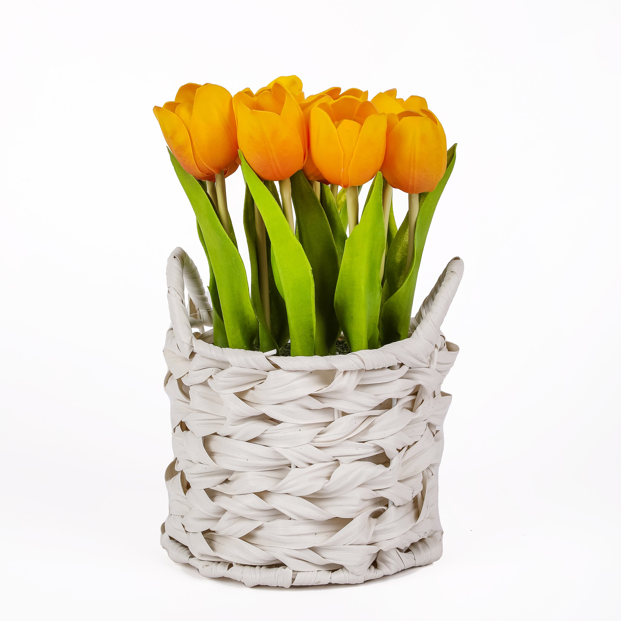 10 Inch Spring Orange Tulip Bouquet in White Basket - Perfect for Easter Decor, Wedding Centerpieces & Home Table Decorations