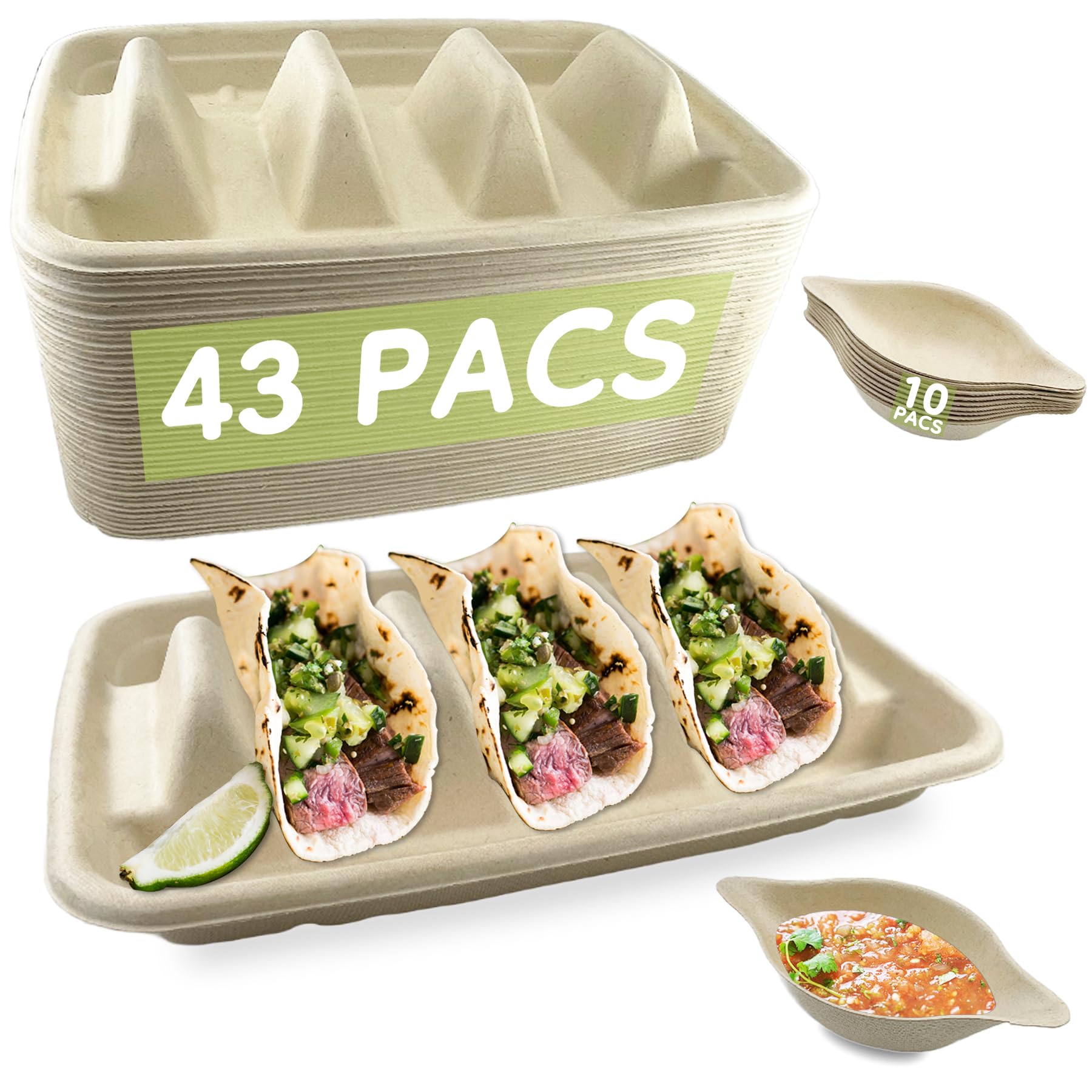 43-Pack Disposable Taco Holder Trays with 3 Dividers & 10 Dip Plates | Eco-Friendly Paper Pulp Fiber Plates for Taco Tuesday Parties, Buffets & Lazy Susan Serving | Perfect for Taco Bars, Game Nights & Family Gatherings