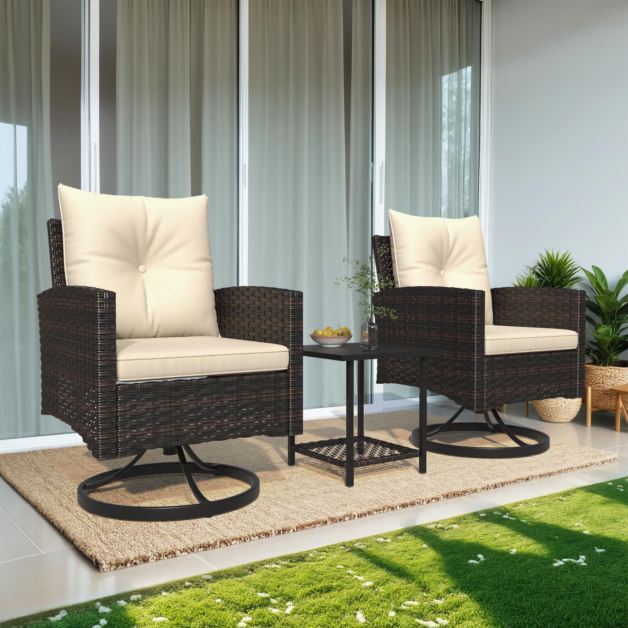 3-Piece Outdoor Patio Furniture Set with Swivel Rocking Chairs, Side Table & Washable Cushions - Beige - Perfect for Porch, Balcony, Deck, Garden and Backyard Relaxation