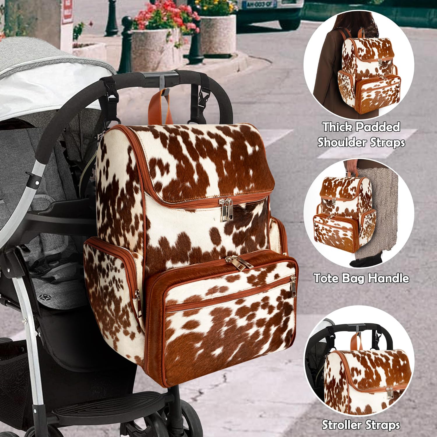 Premium Leather Diaper Backpack for Women & Men - Stylish Cow Print Maternity Travel Bag with Multiple Pockets | Perfect for Baby Essentials, Day Trips & Airplane Travel