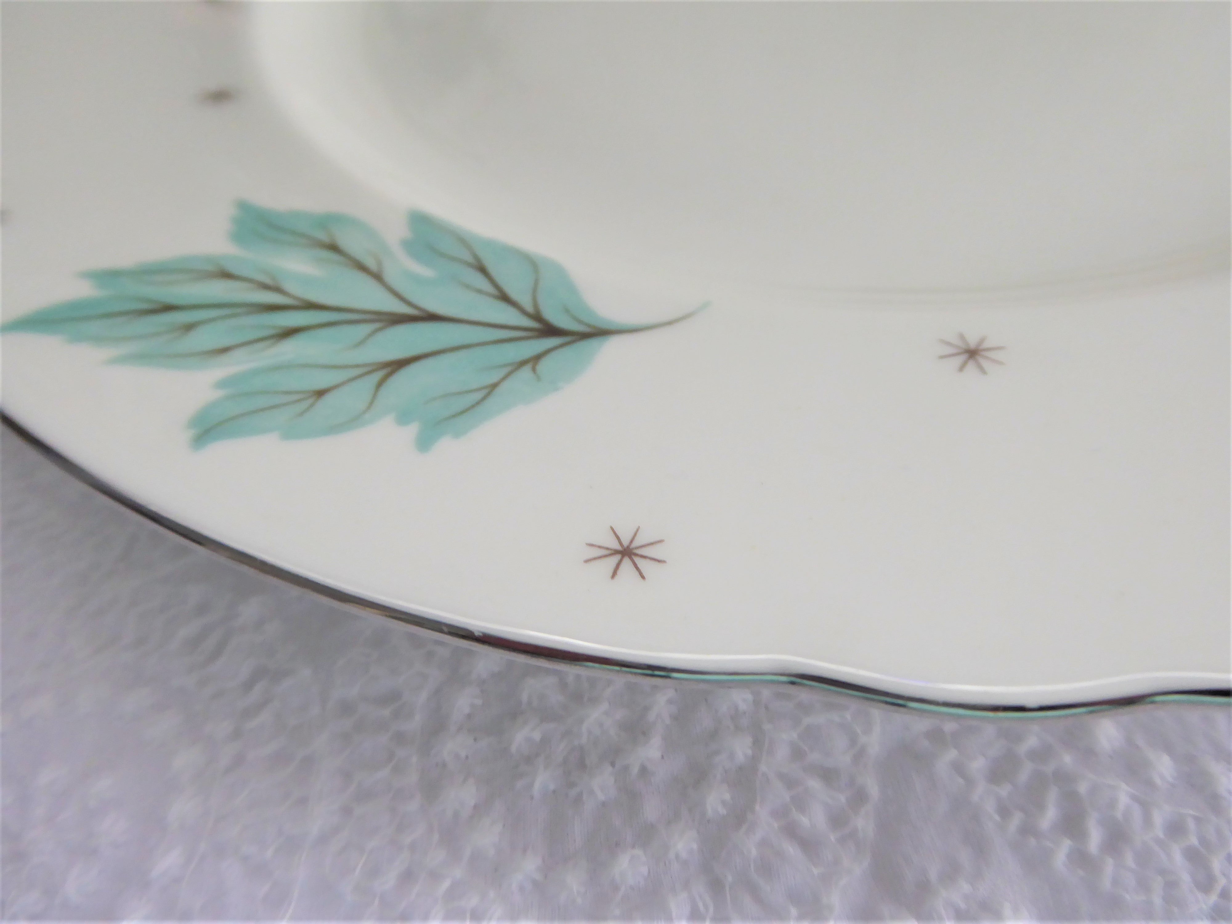 Vintage Shelley Dinner Plates - 10.25 Inch Drifting Leaves Design with Aqua Blue & Platinum Trim (Set of 4) - Perfect for Fine Dining, Tea Parties, and Vintage Tableware Collections