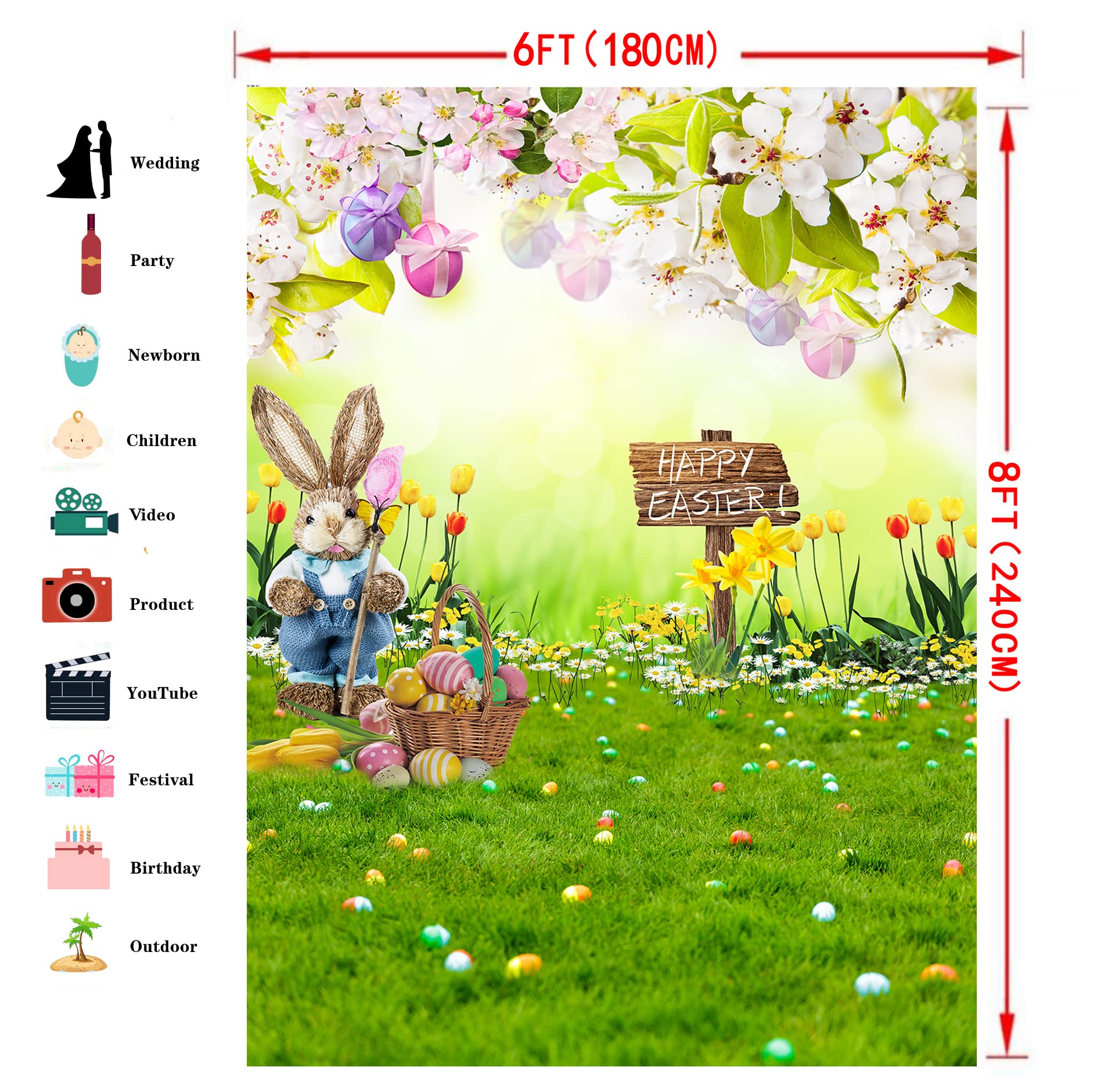 CYLYH 6x8ft Easter Photo Backdrop - Happy Easter Day Spring Party Decorations Banner for Easter Celebrations, Photo Booths & Home Decor