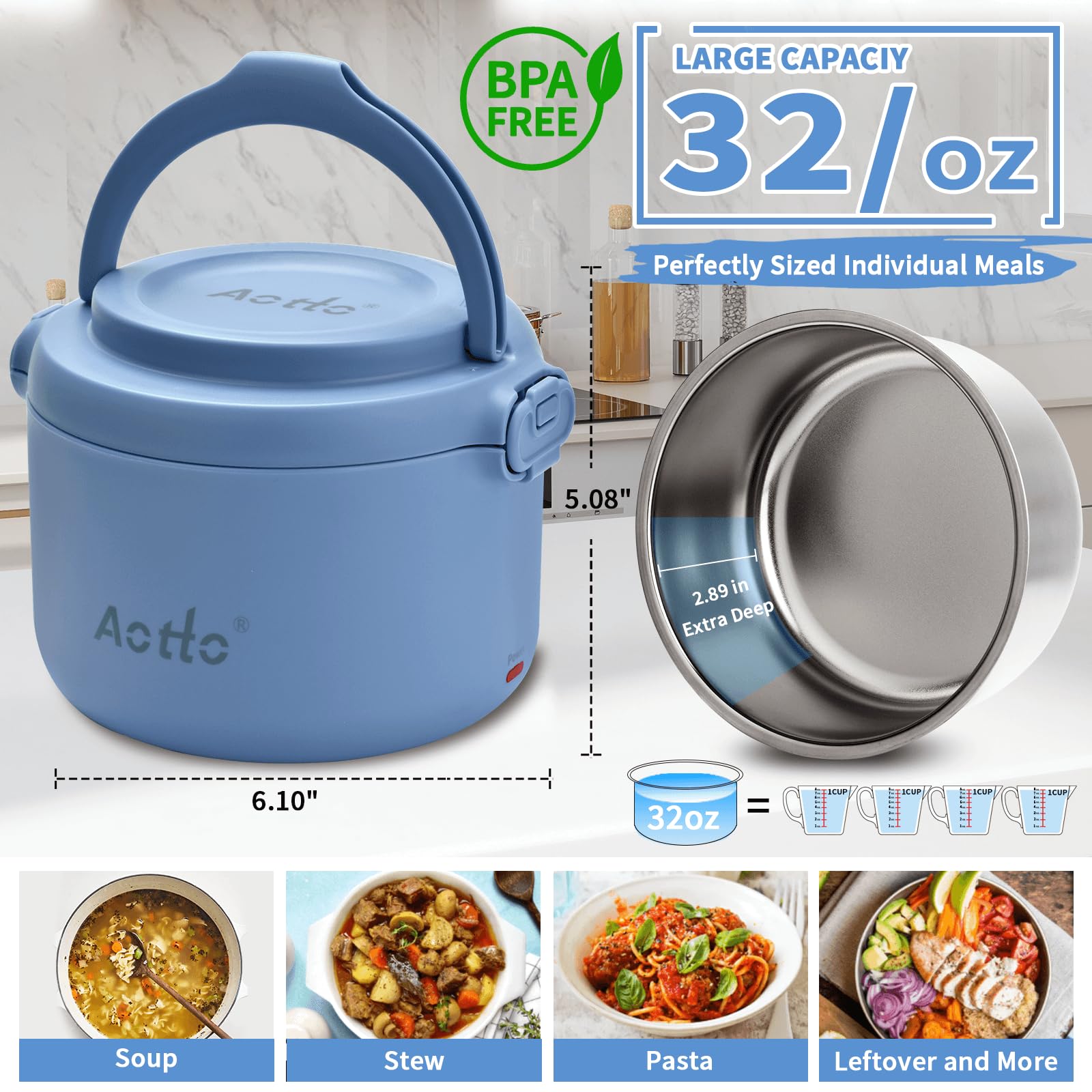 Aotto 32oz Electric Lunch Box - Portable Food Warmer for Office, Car & Travel - 12V/24V/110V 3-in-1 Heater - Spill-Proof Soup & Meal Warmer - Perfect Gift for Men & Women (Blue) - Ideal for Commuting, Road Trips & Workplace Lunch Heating