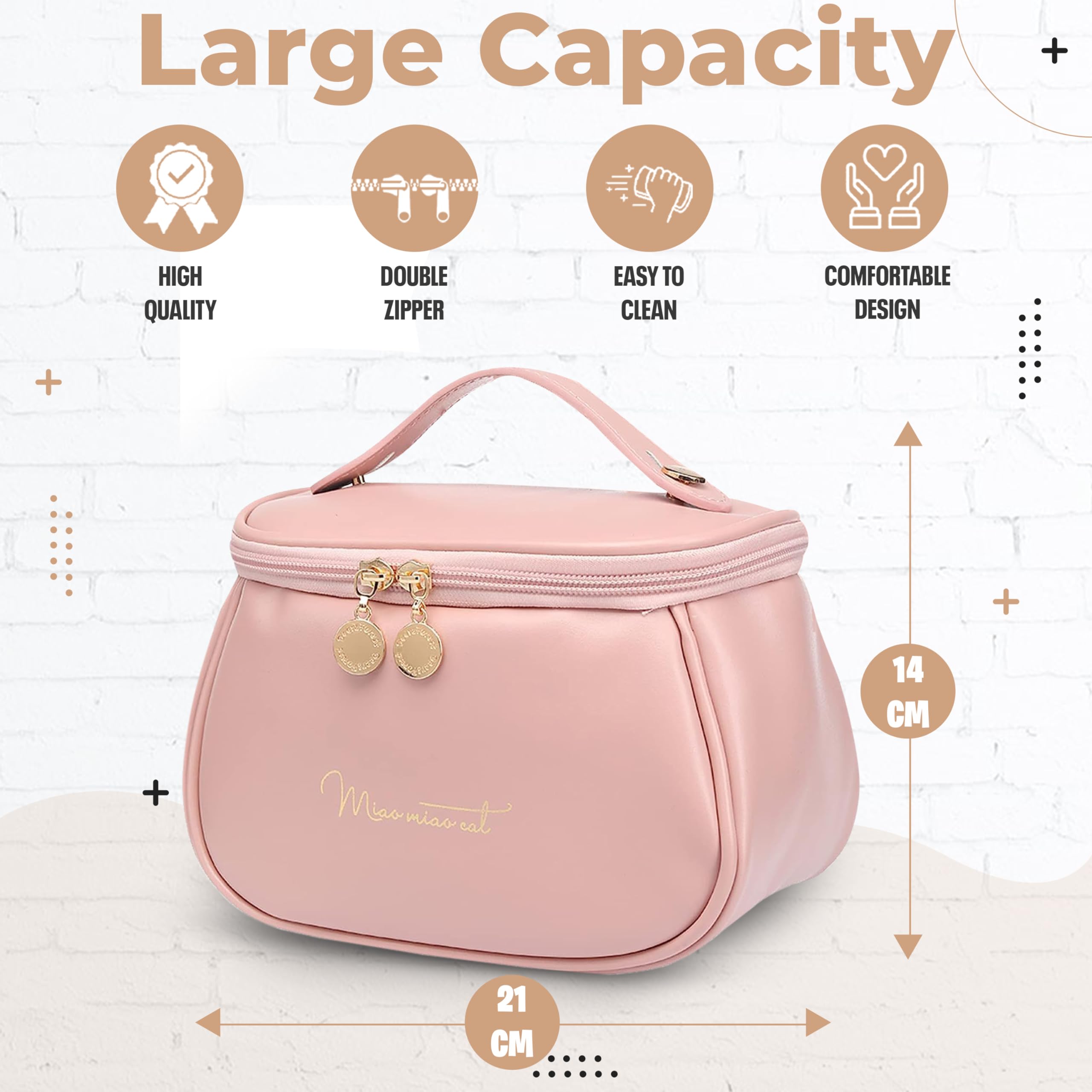 Zeahh's Pink PU Leather Makeup Bag for Women - Large Capacity Cosmetic Organizer with Handle & Divider, Portable Travel Makeup Pouch for Kit Storage | Perfect for Travel, Gym & Daily Beauty Essentials