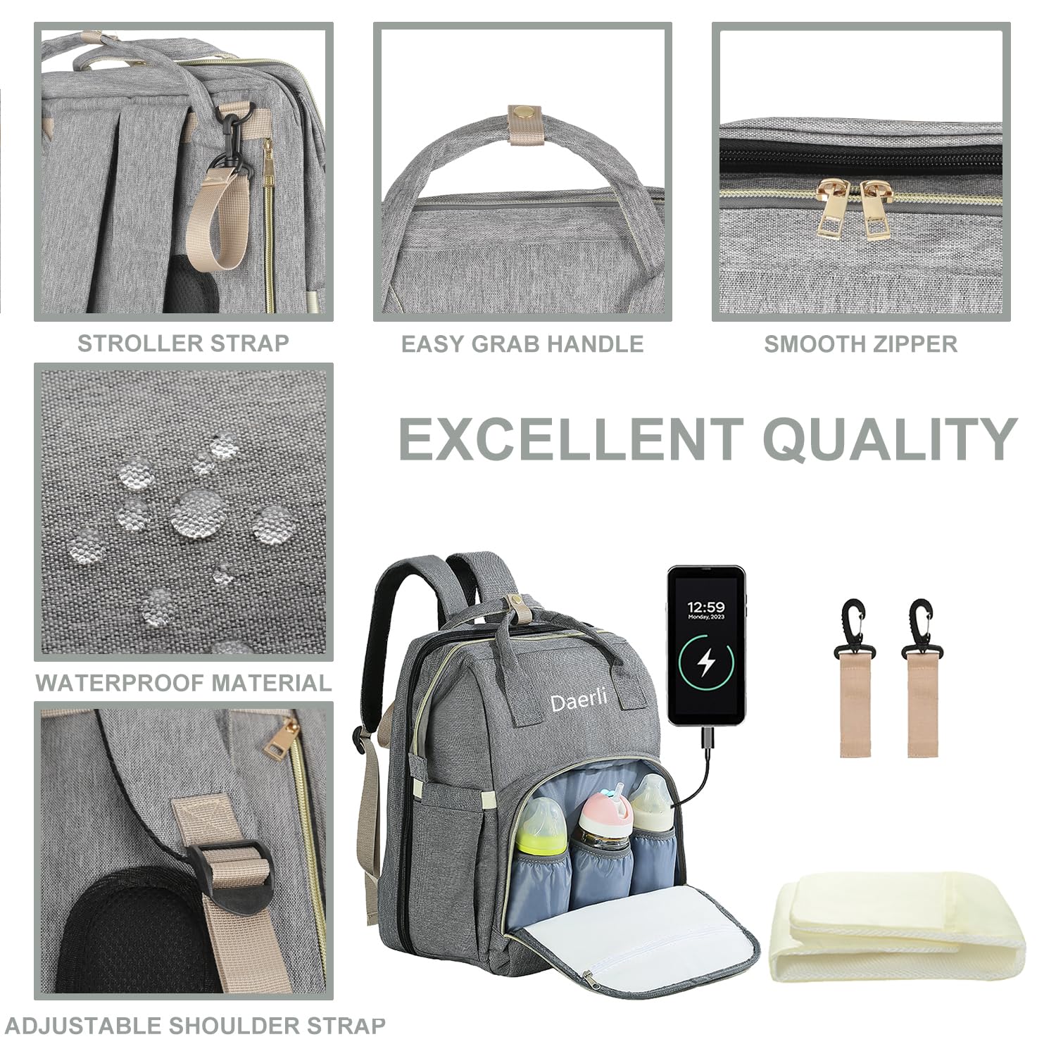Premium Waterproof Diaper Backpack with Insulated Bottle Pockets & Foldable Changing Pad - Large Multifunctional Baby Bag for Travel, Daycare & Outings (Gray)