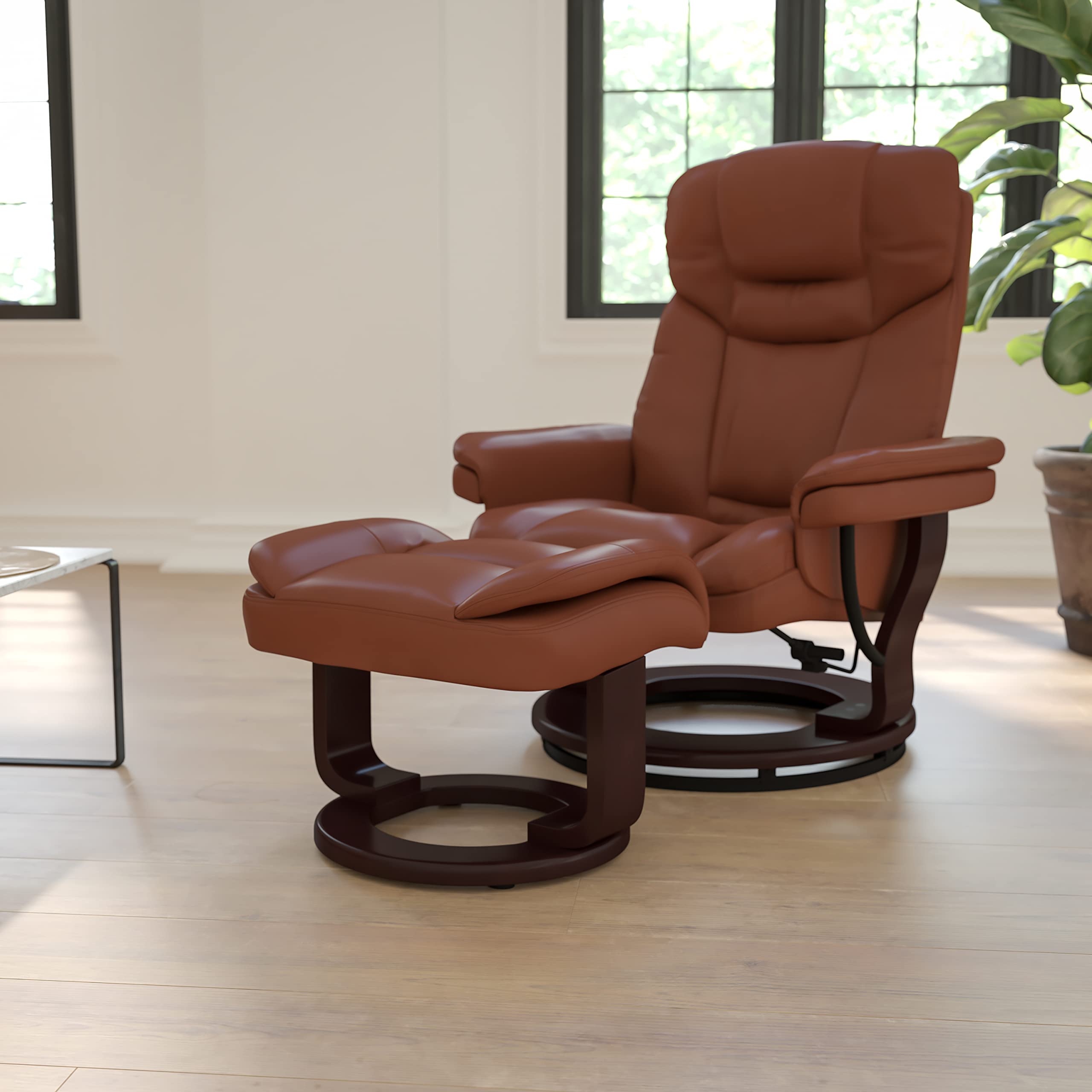 EMMA + OLIVER Multi-Position Recliner Chair with Curved Ottoman - Swivel Wood Base in Vintage LeatherSoft - Perfect for Living Room, Home Theater & Office Relaxation
