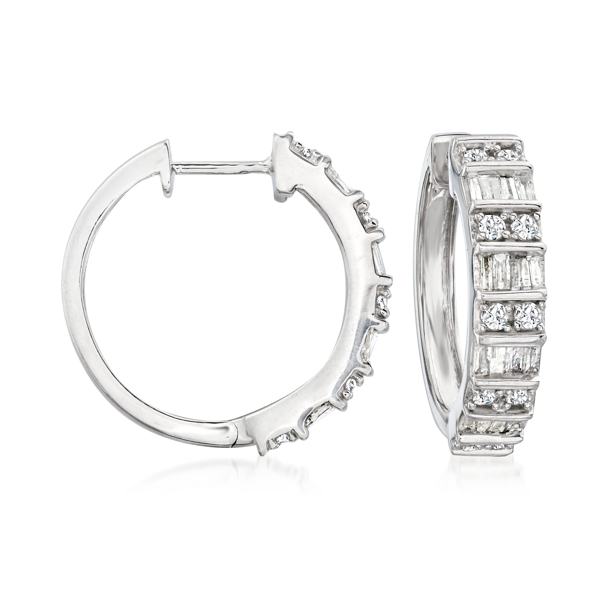 Ross-Simons 1.00 Carat Total Weight Baguette & Round Diamond Sterling Silver Hoop Earrings for Women - Perfect for Weddings, Parties & Special Occasions