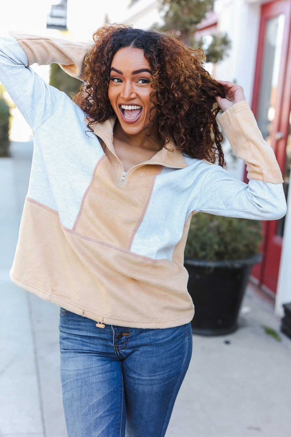 Cozy Grey & Beige Fleece Zip-Up Pullover with Cinched Hem | Holiday & Winter Wear for Women | Perfect for Casual Outfits, Lounging & Outdoor Activities