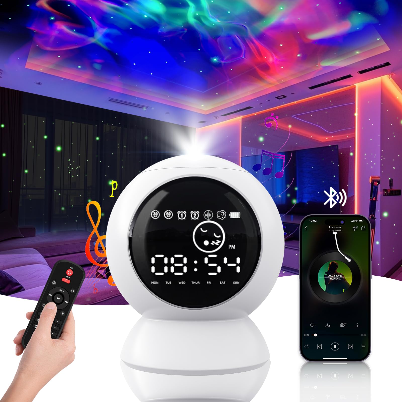 Rechargeable LED Alarm Clock with Star Projector & Bluetooth Speaker - Moon Lamp, White Noise, Timer, Remote Control for Kids Bedroom, Home Decor, Ceiling | Perfect for Relaxation, Sleep Aid & Galaxy-Themed Night Light