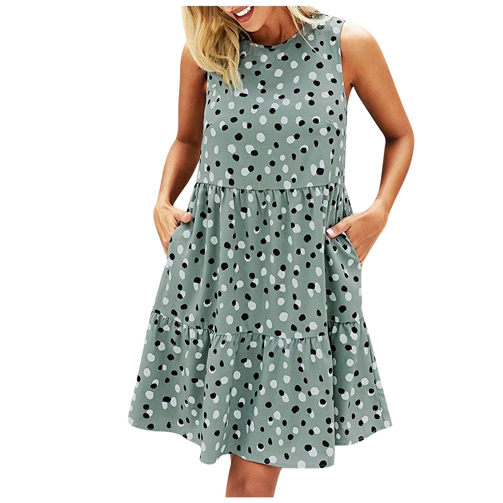 Women's Summer Sleeveless Swing Dress with Pockets - Floral Print Loose Fit T-Shirt Dress - Black Long Casual Dress for Beach, Vacation & Everyday Wear