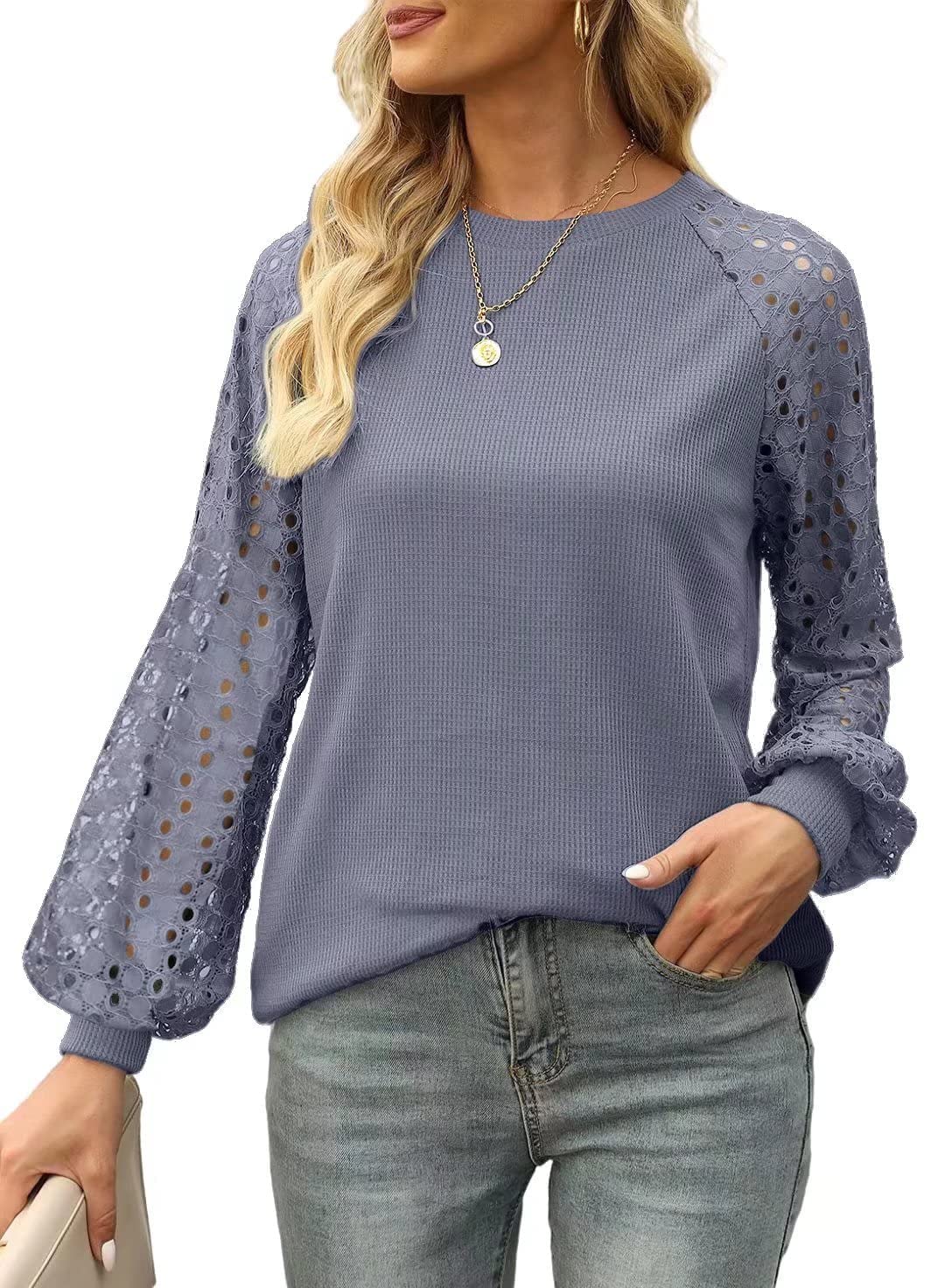 SPESLOOK Women's Lace Long Sleeve Crew Neck Blouse - Soft Waffle Knit Loose Fit Casual Top for Everyday Wear | Perfect for Office, Date Night & Fall Layering