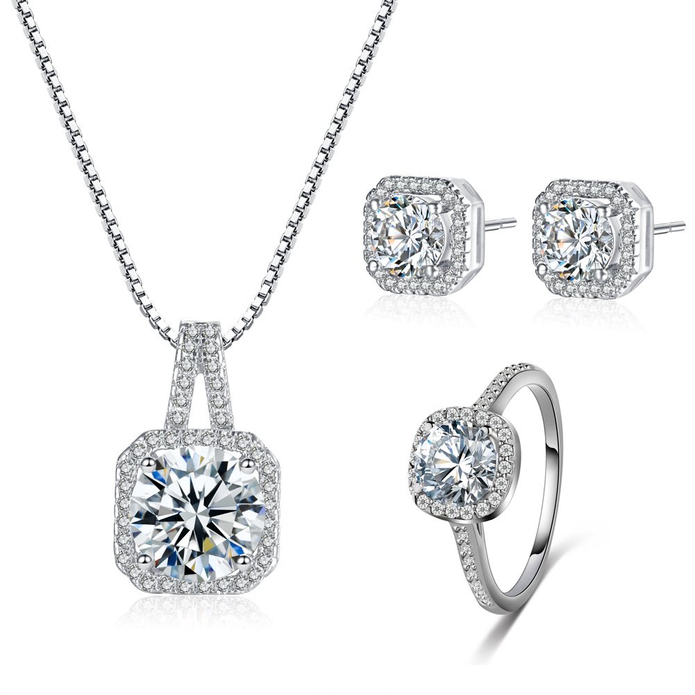 Wiwpar 3-Piece Zircon Alloy Bridal Jewelry Set - Necklace, Earrings & Ring for Women | Size 7 Wedding & Engagement Accessories | Perfect for Bridal Showers, Anniversaries & Romantic Gifts