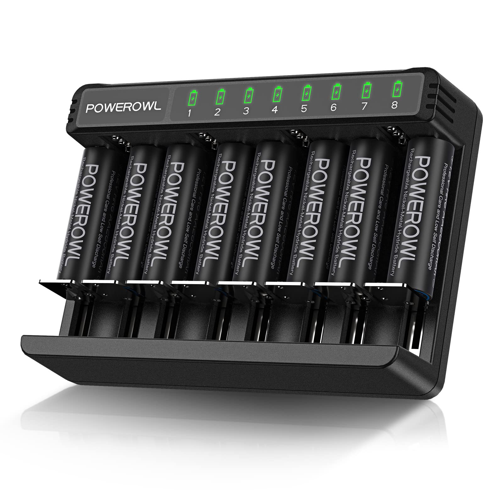 POWEROWL 8Pcs AA Rechargeable Batteries with Charger - Universal Fast Charging for AA AAA C D Batteries, USB-C & Micro USB Ports - Perfect for Cameras, Toys, Flashlights & Electronics