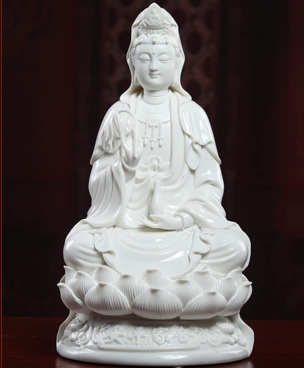 11 Inch White Guan Yin Statue - Buddhist Avalokiteshvara Kuanyin on Lotus - Chinese Feng Shui Decor for Home Altar, Meditation Room & Office (Best Spiritual Gift)