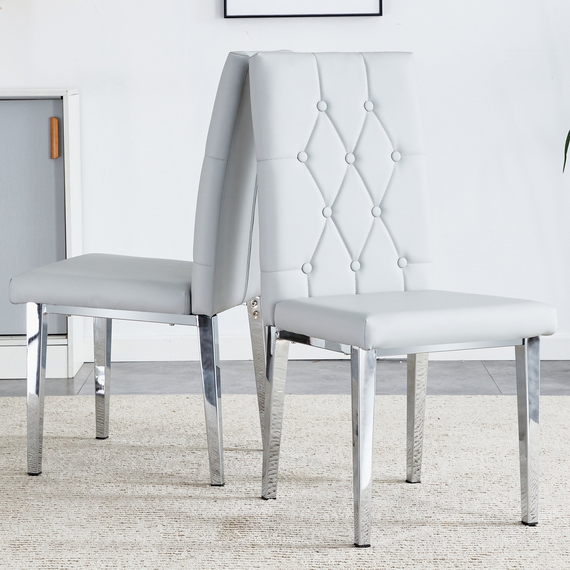 Modern 2-Piece Dining Chairs Set - Light Gray Faux Leather with Checkered Buckle Design for Kitchen, Dining Room & Office - Classic & Contemporary Style Home Furniture for Small Spaces