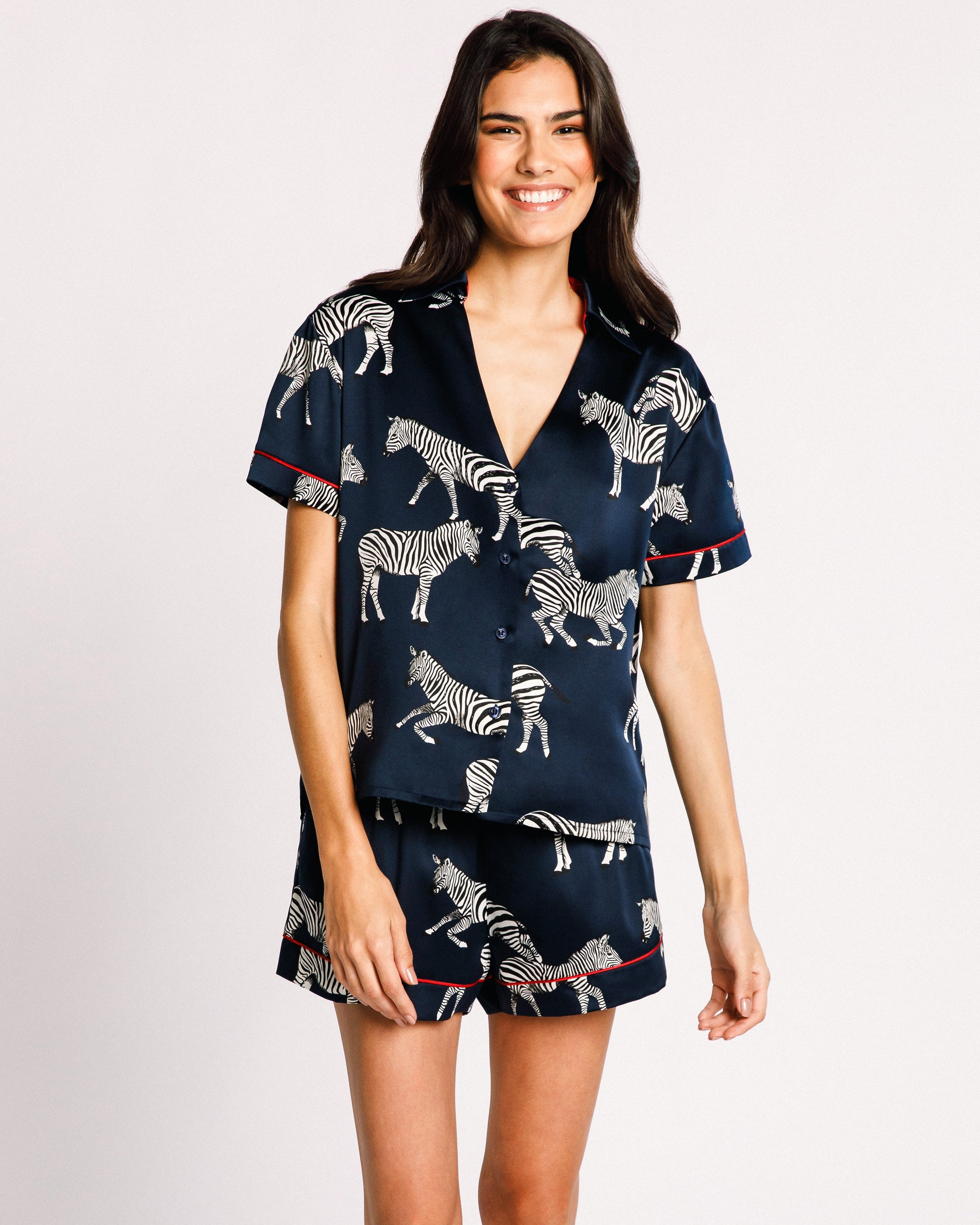 Satin Zebra Print Short Pajama Set for Women - Navy Blue Sleepwear for Summer & Lounge Wear - Comfortable Nightwear for Relaxing at Home