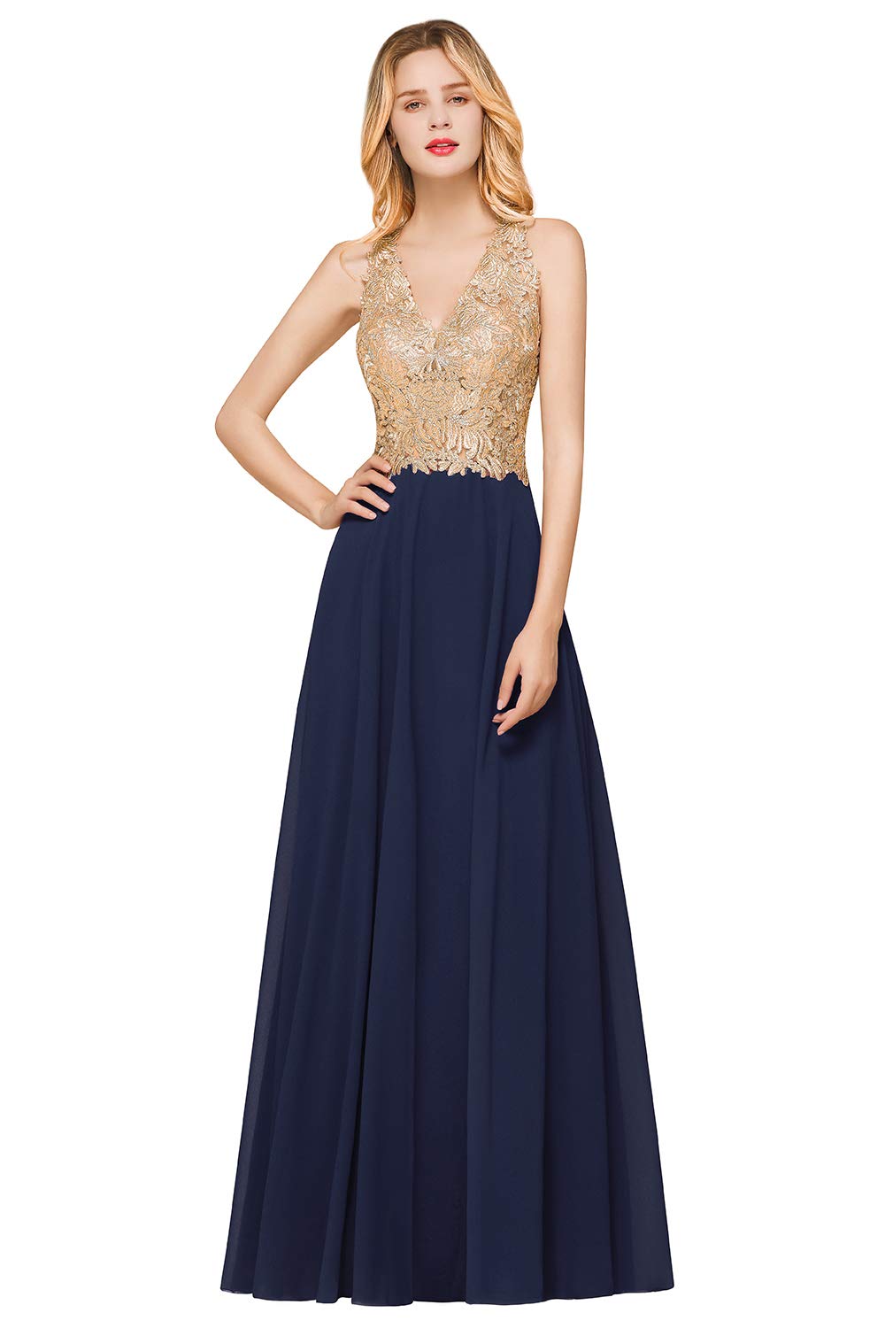 Elegant Navy Blue Plus Size V-Neck Chiffon Bridesmaid Dress with Gold Lace Appliques - Long Formal Prom Gown for Weddings, Parties & Special Occasions