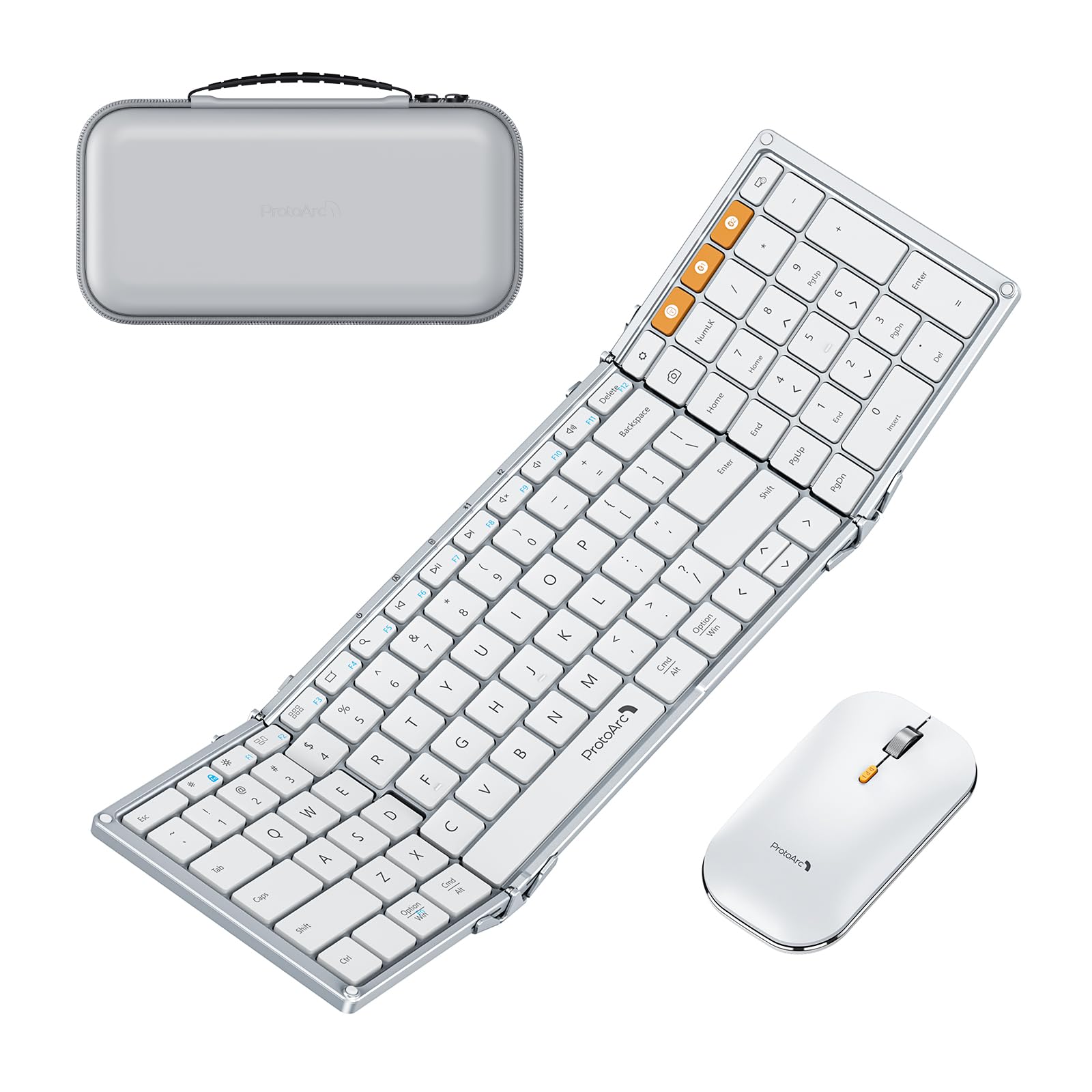 ProtoArc XKM01 Foldable Bluetooth Keyboard and Mouse Combo - Full-Size Portable Wireless Keyboard with 2.4G & Dual Bluetooth for Laptop, iPad, Tablet - White Silver - Perfect for Business Travel & Mobile Office Use
