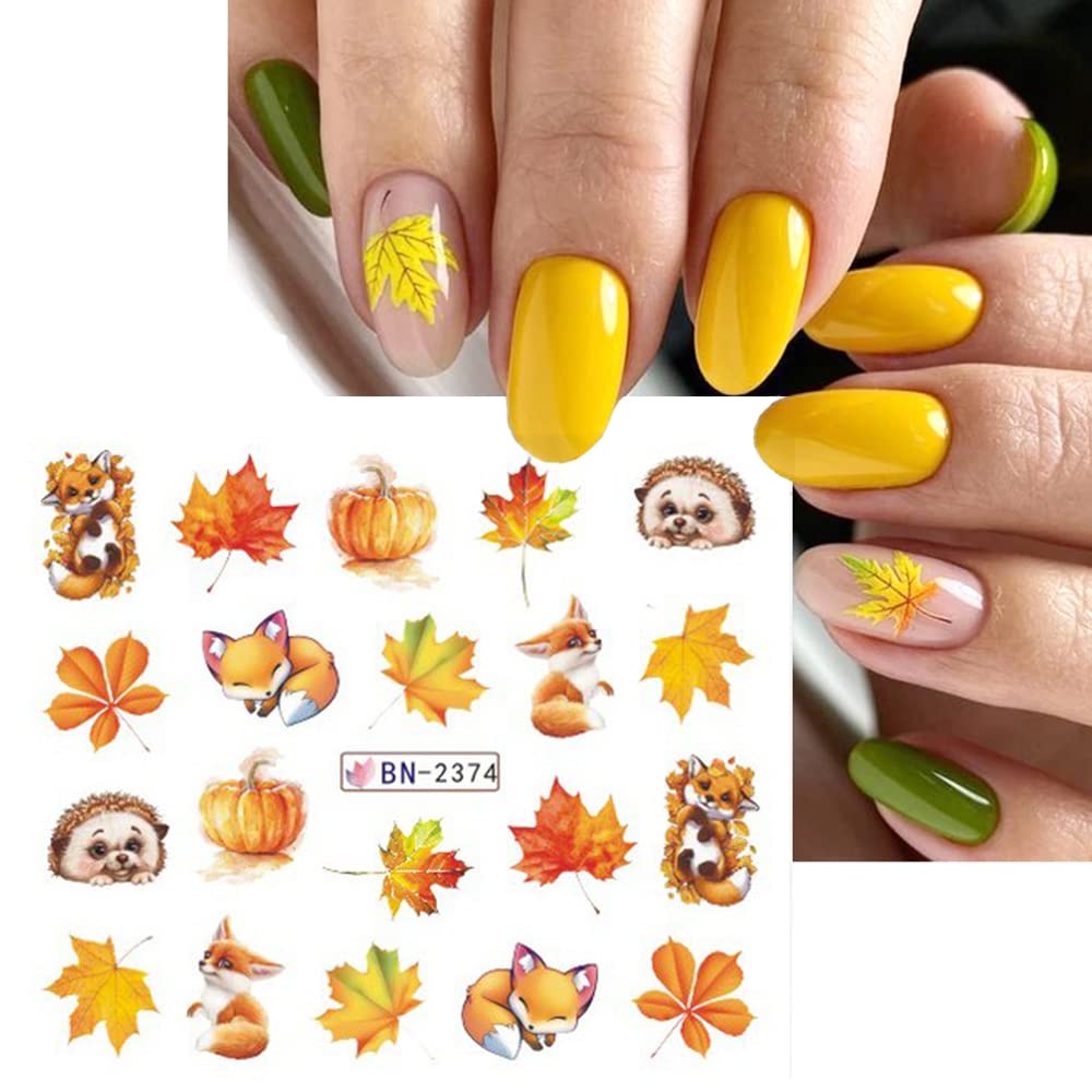 3D Fall Maple Leaf Nail Art Stickers - Autumn Water Transfer Nail Decals with Squirrel Design (12 Sheets) | Acrylic Nail Supplies for Women | Perfect for Thanksgiving, Halloween & Seasonal Nail Art Designs