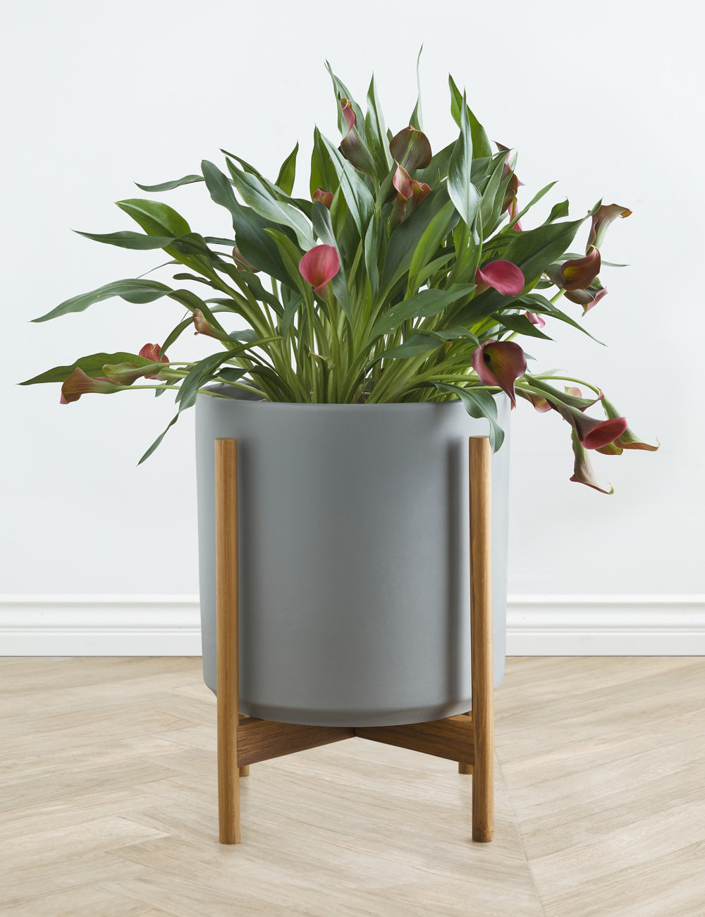 LBE Design Ceramic Planter Pot with Teak Wood Stand - Modern Indoor Outdoor Flower Pot for Home Garden, Patio, and Office Decor