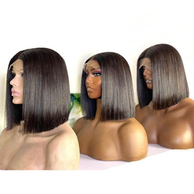 Eullair 13x4 Full Frontal Short Straight Bob Wig with Curly Lace - 100% Human Hair Wigs for Women & Girls - Perfect for Daily Wear, Cosplay & Fashion Styling