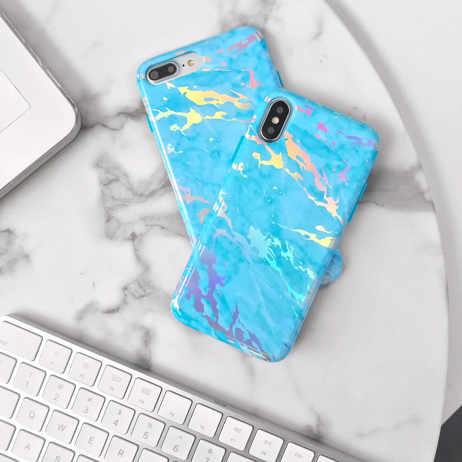 Blue Marble Holo Chrome iPhone Case - Shatterproof Protective Cover with Glitter Reflective Design for iPhone 13/14/15 - Perfect for Everyday Use, Parties & Gifting