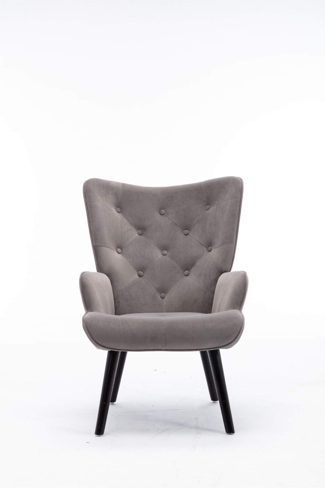 Velvet High Back Accent Chair with Solid Wood Legs - Modern Leisure Chair for Living Room & Bedroom - Silver Gray - Perfect for Reading Nook, Lounge Area or Home Office