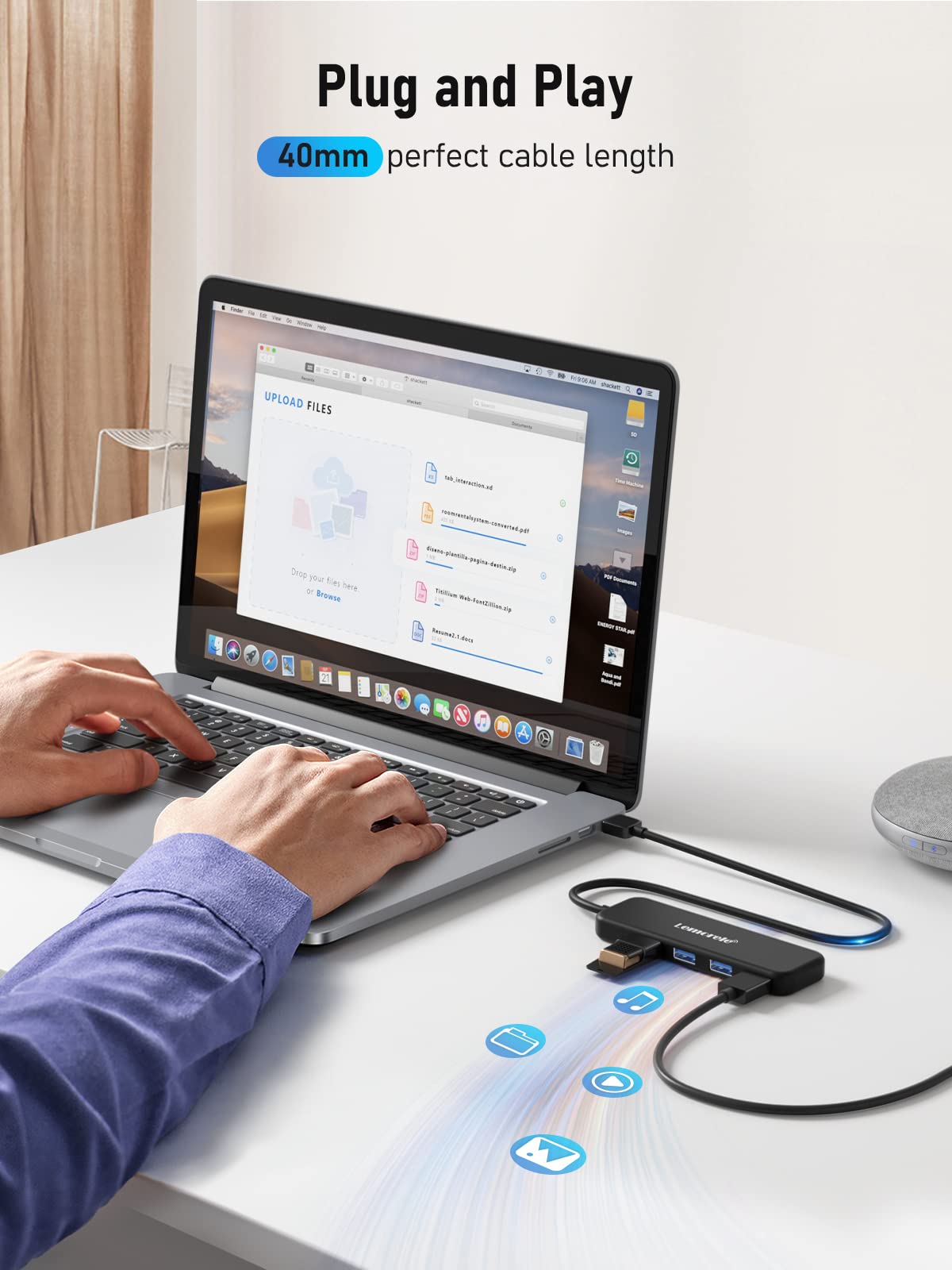 Lomorele 4-Port USB 3.0 Hub Ultra Slim Portable Data Hub - High-Speed USB Splitter for Laptop, PC, MacBook - Perfect for Home Office, Gaming & Multi-Device Charging Station