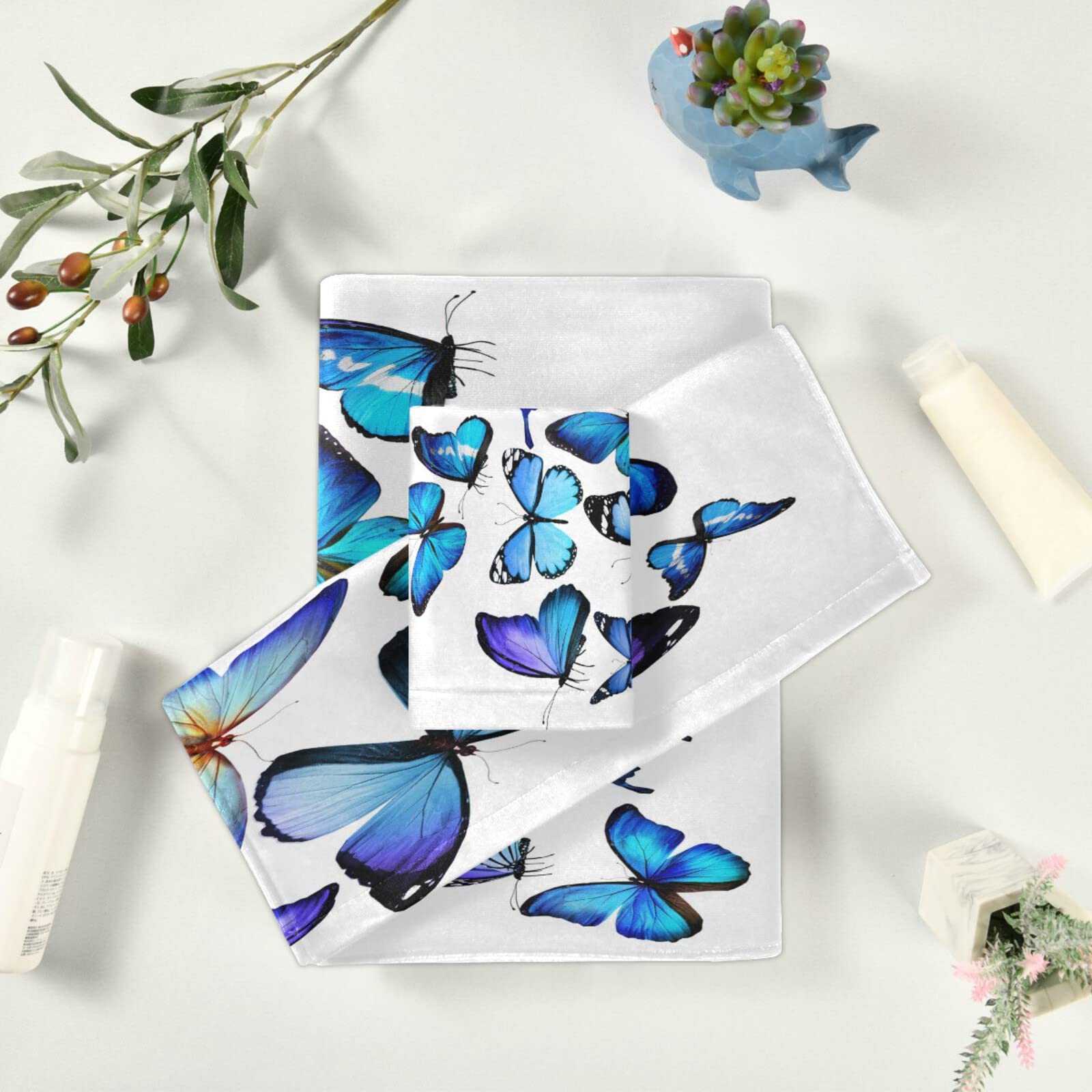 ALAZA Blue Butterflies Bath Towel Set - Luxury 3-Piece Decorative Set (1 Bath Towel, 1 Hand Towel, 1 Washcloth) - Ultra Soft & Absorbent for Bathroom, Hotel, Gym, Yoga & Spa - Perfect for Home Decor, Guest Towels & Self Care