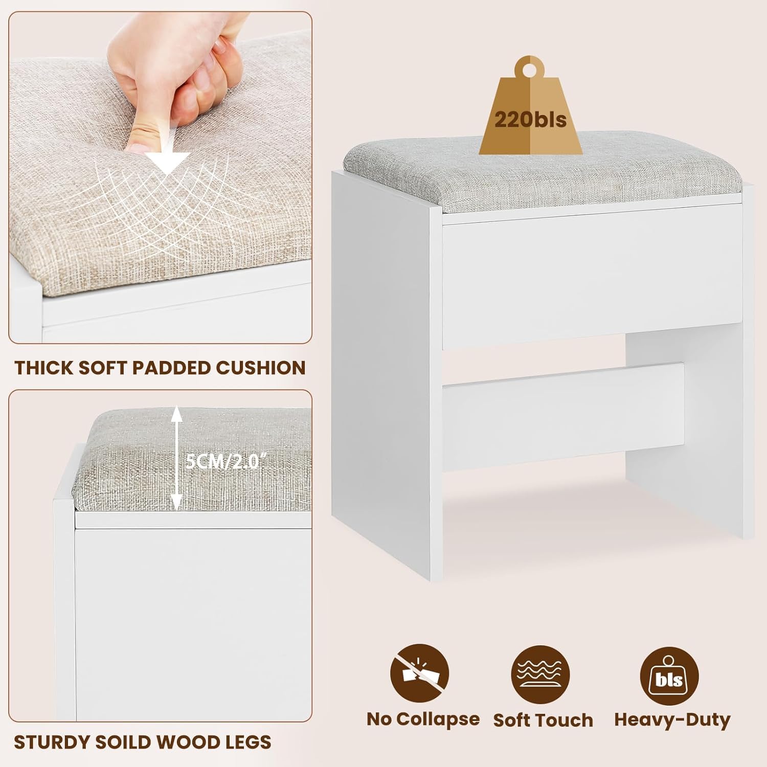 Quimoo 10-Light Makeup Vanity Desk with LED Mirror, 4 Drawers & USB Charging Station - White Vanity Set with Cushioned Stool for Bedroom, Dressing Room & Beauty Salon