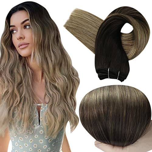 16 Inch Full Shine Remy Human Hair Extensions - 1B Off Black to Ash Brown & 22 Blonde Double Weft Bundles (100g) for Sew-in Styles | Thick Straight Hair for Daily Wear, Parties & Special Occasions