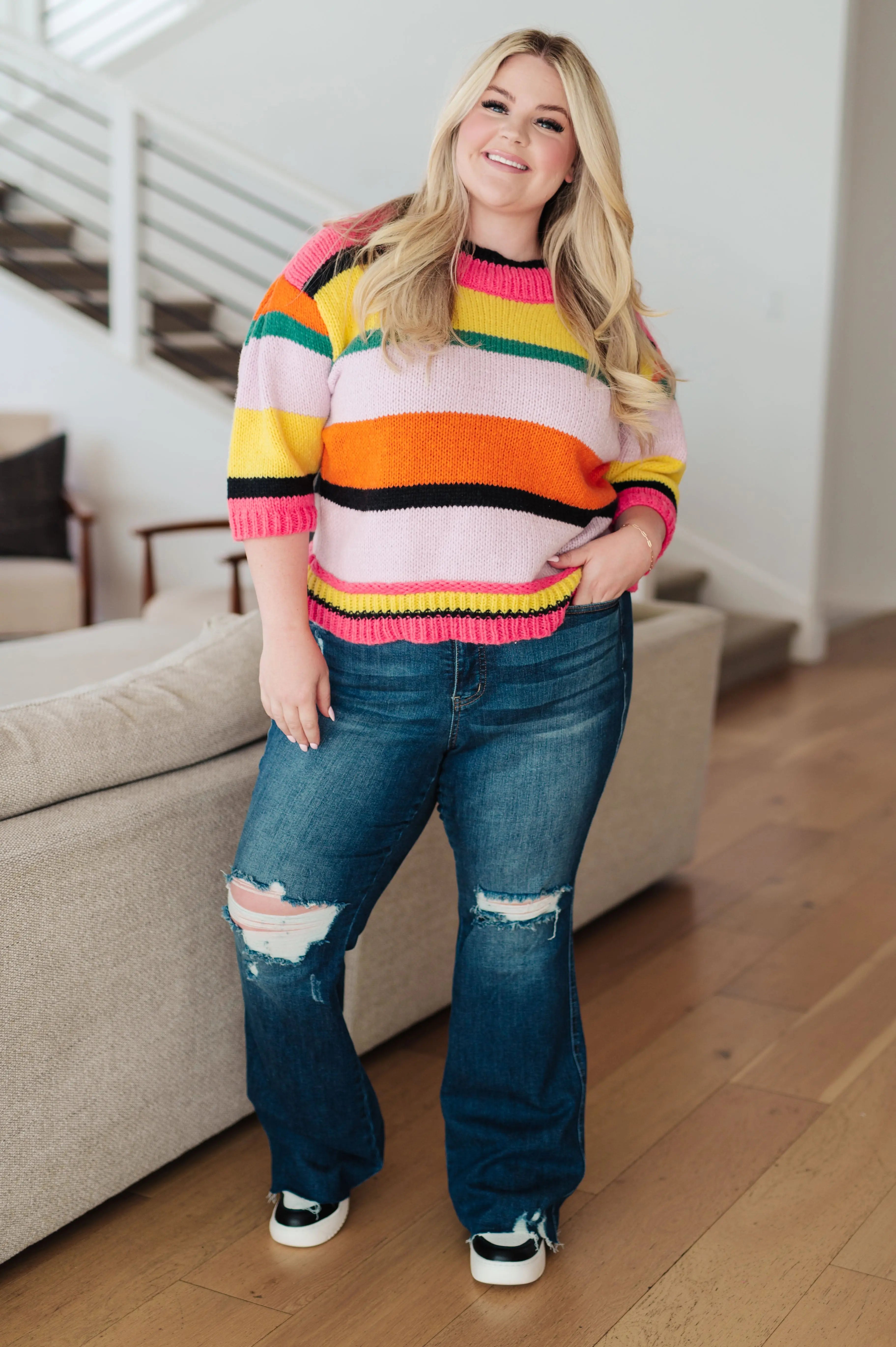 Bright Side Striped Sweater for Women - Cozy Knit Pullover with Long Sleeves - Perfect for Fall & Winter Outfits, Casual Wear and Office Attire