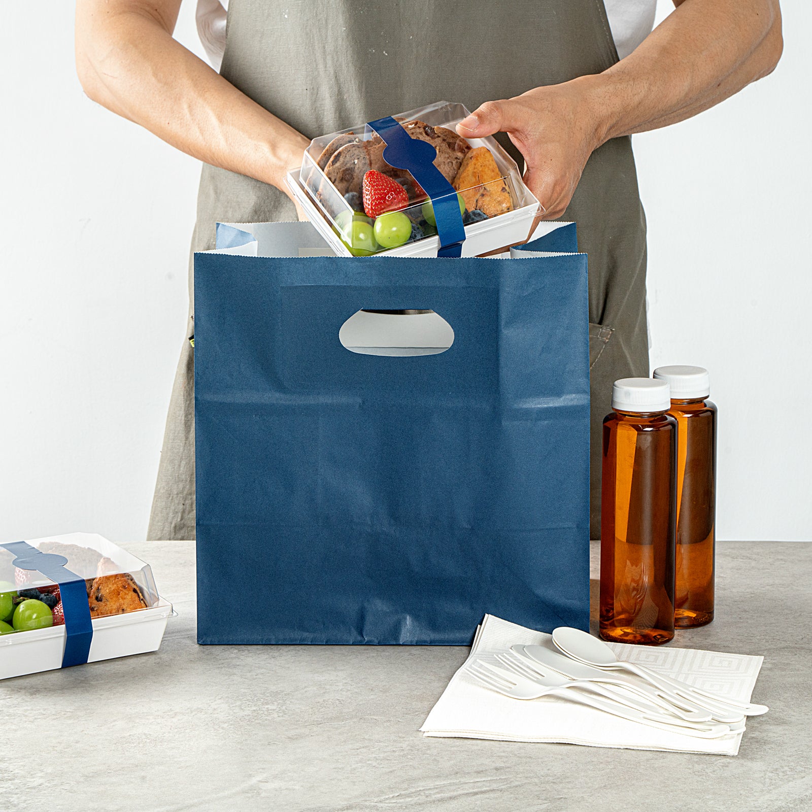 Premium Rectangle Midnight Blue Paper Take Out Bags with Handles - 11